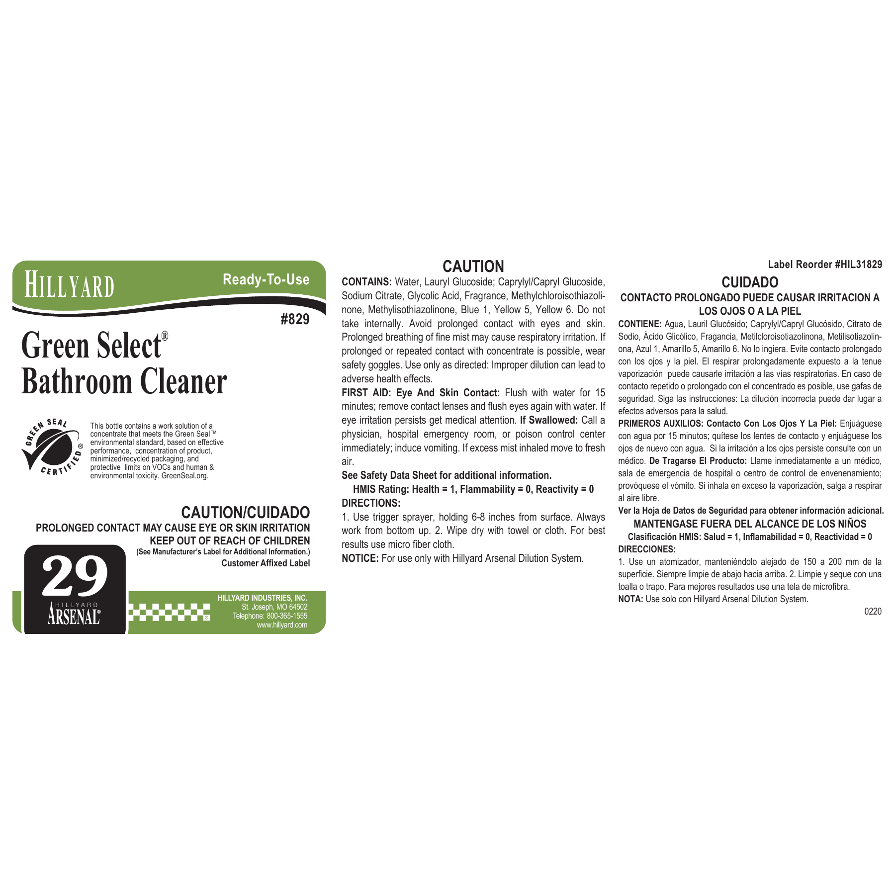 Green Select® Bathroom Cleaner (82925) RTU Labels — 25 Pack
