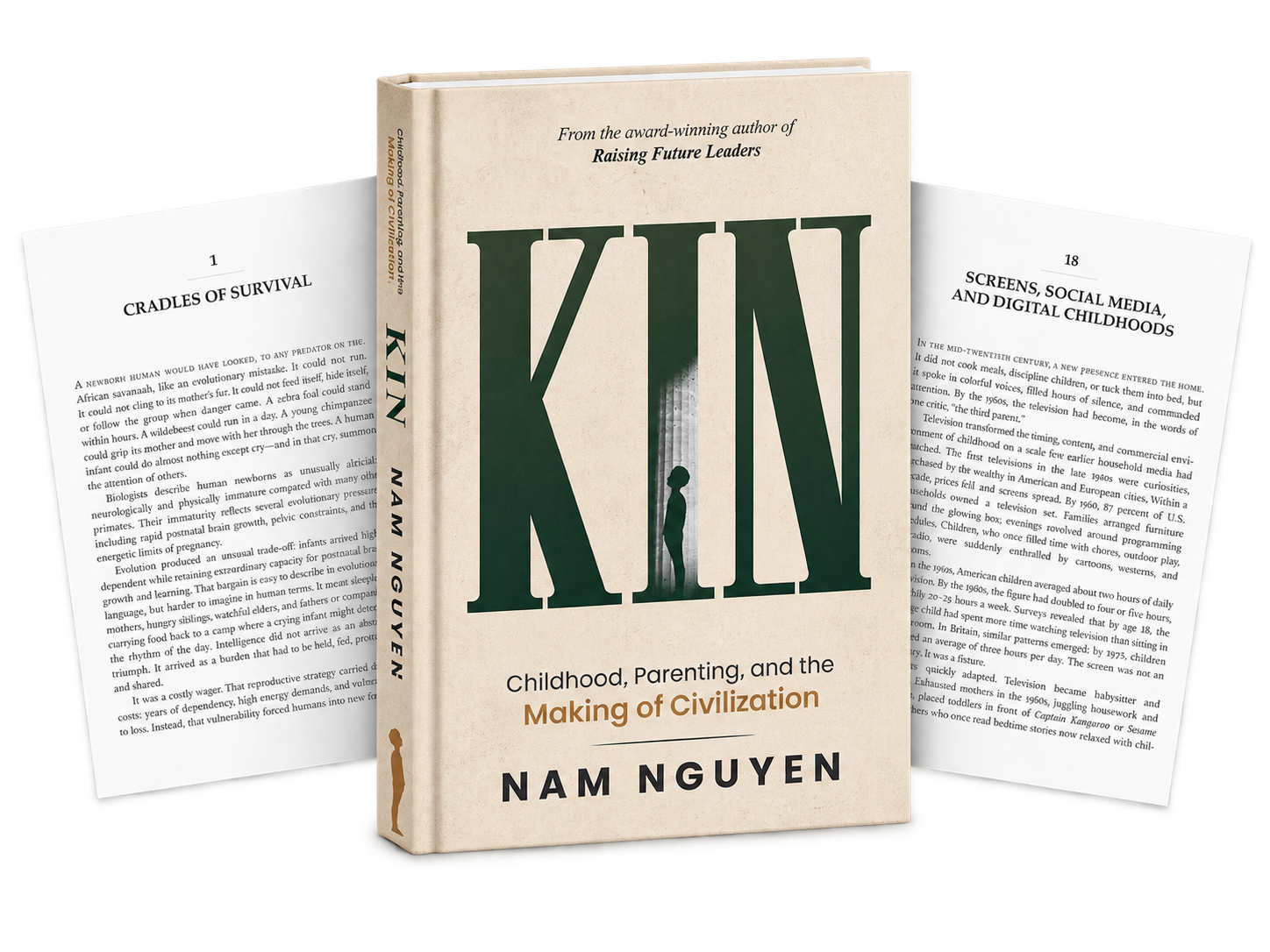 Cover of the book titled "KINK: Childhood, Parenting, and the Making of Civilization" by Nam Nguyen. The book cover features a silhouette of a person and a large green word "KINK". Two pages of the book are partially visible in the background with chapter titles and text.