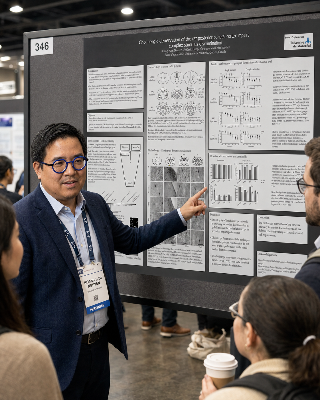 A man in a suit and glasses is presenting a scientific research poster at a conference, with several people listening. The poster is titled 'Cholinergic denervation of the rat posterior parietal cortex impairs complex stimulus discrimination' and includes graphs, diagrams, and images.