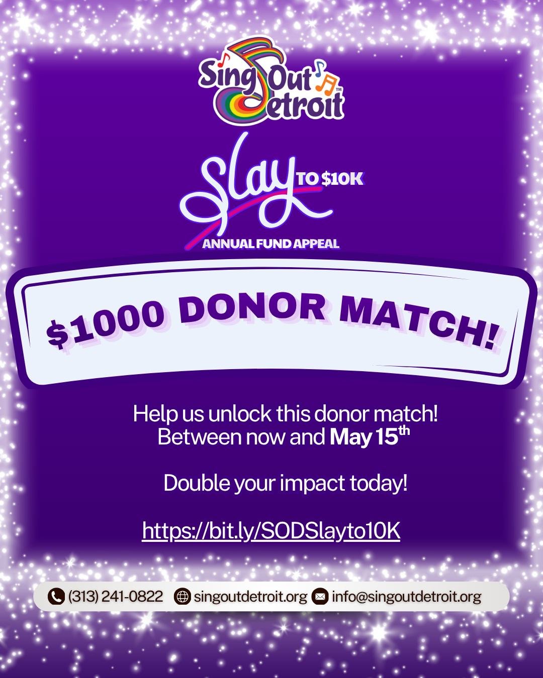 Our road to $10K is still long but thanks to a generous donor - we will be able to match donations up to $1000!  Every dollar counts.  Help us unlock this match by May 15th.  One donation, double the impact! 

#LGBTQChoir #SingOutDetroit #QueerDetroi
