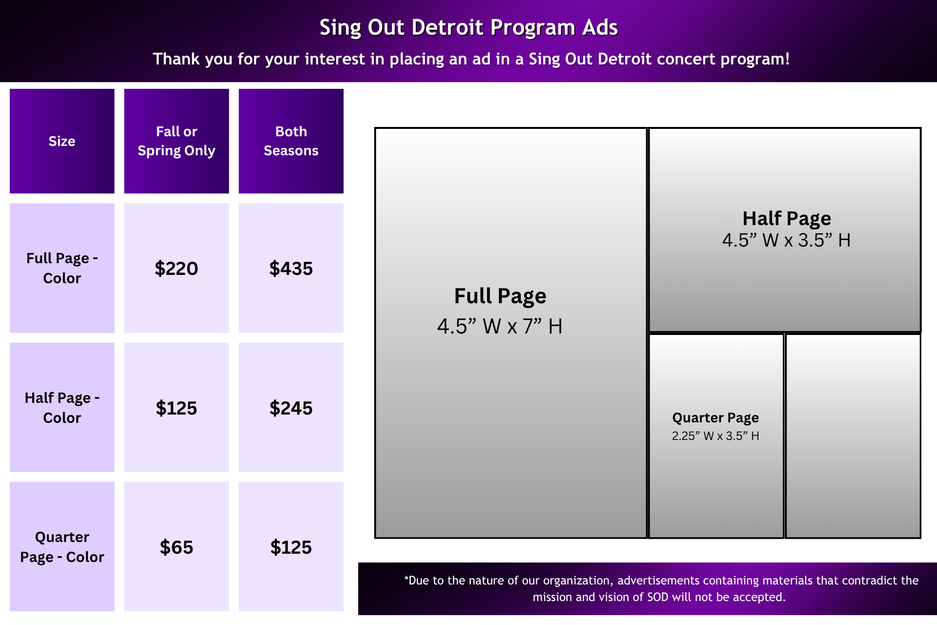 Chart displaying ad placement options for Sing Out Detroit program, including sizes and prices for full, half, and quarter page color ads for fall/spring and year-round, with visual layout examples of full, half, and quarter page formats.