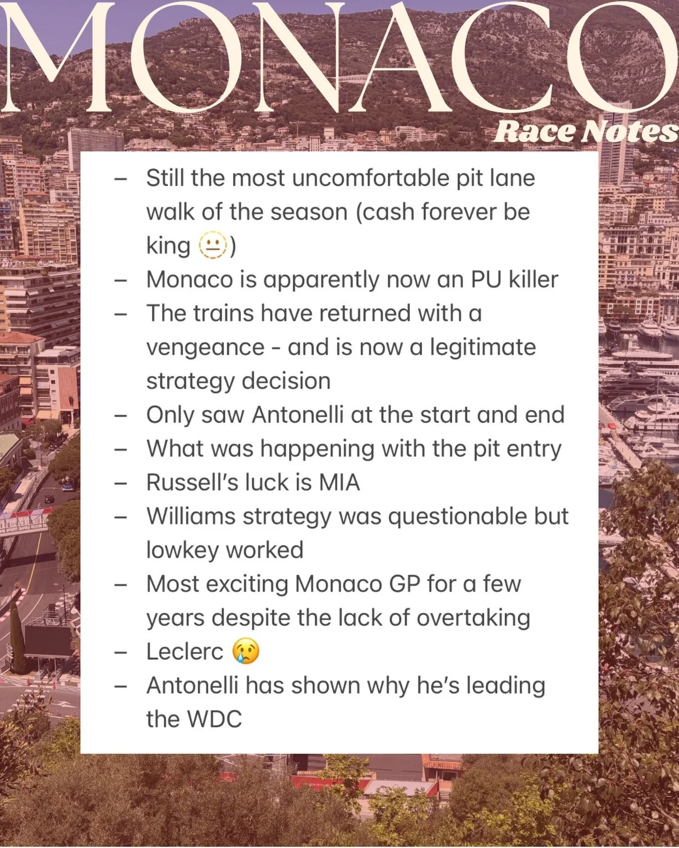 Race notes from Monaco 🇲🇨 

Have they finally beaten the &ldquo;boring race&rdquo; allegations?

#f1 #f1fans #monacogp #f1updates #f1girls