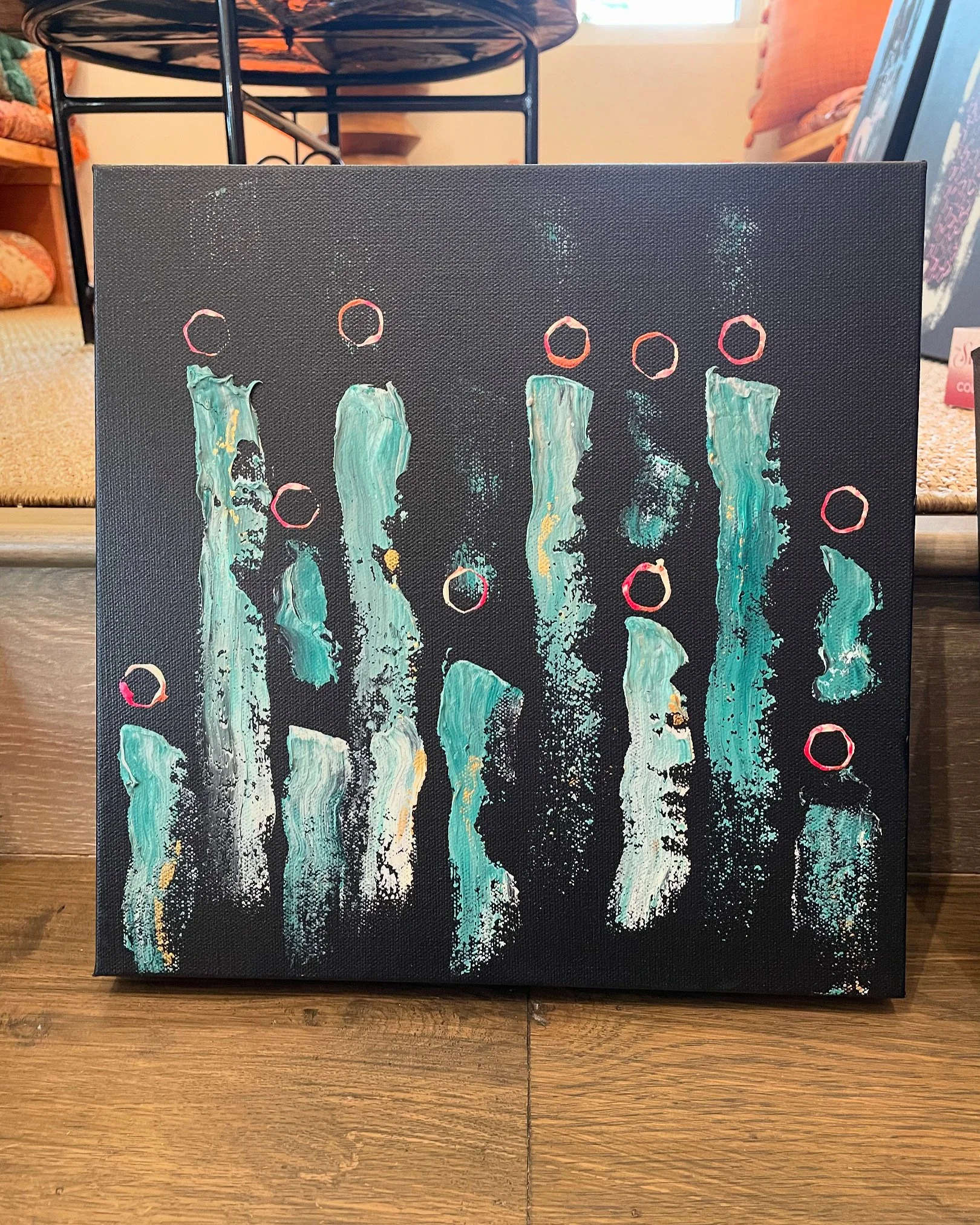 Music in the Deep - Acrylic painting of underwater musicians living in tiny tubes. Their bubbles rise to the surface with the music of a primordial nature.