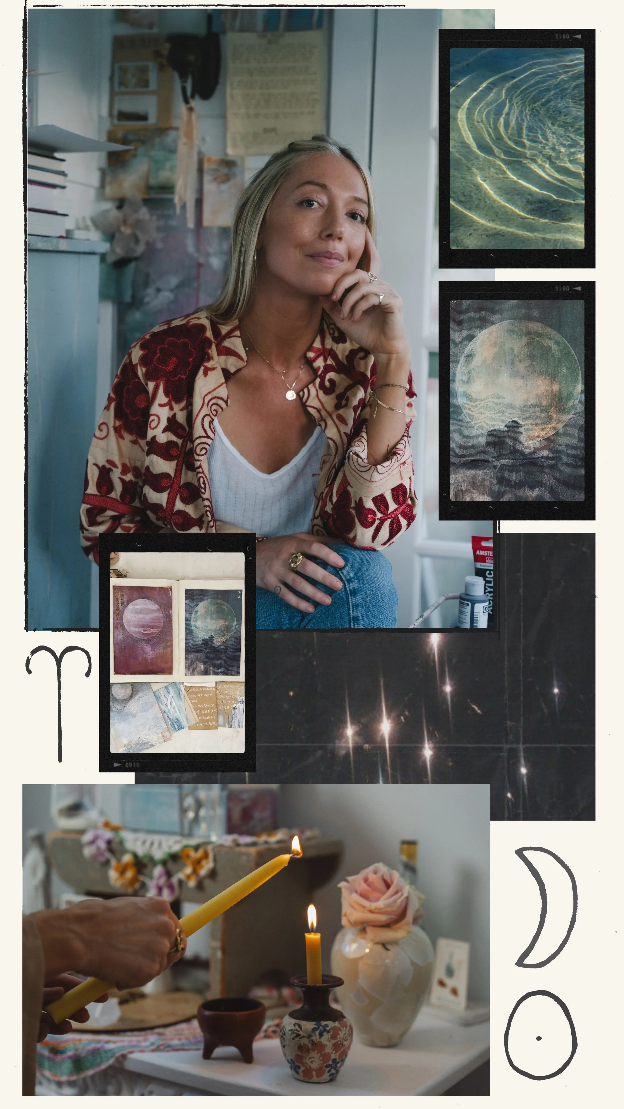 A woman sitting indoors with her chin resting on her hand, wearing a patterned jacket over a white top. There are wall decorations behind her, and several framed art prints on the right side of the image. In the lower part of the collage, a hand is holding a lit candle over a decorated table with vases and flowers.