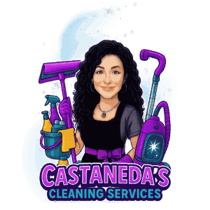 Castañeda’s Cleaning Services logo featuring an illustrated cleaning professional, cleaning supplies, and bold purple lettering.
