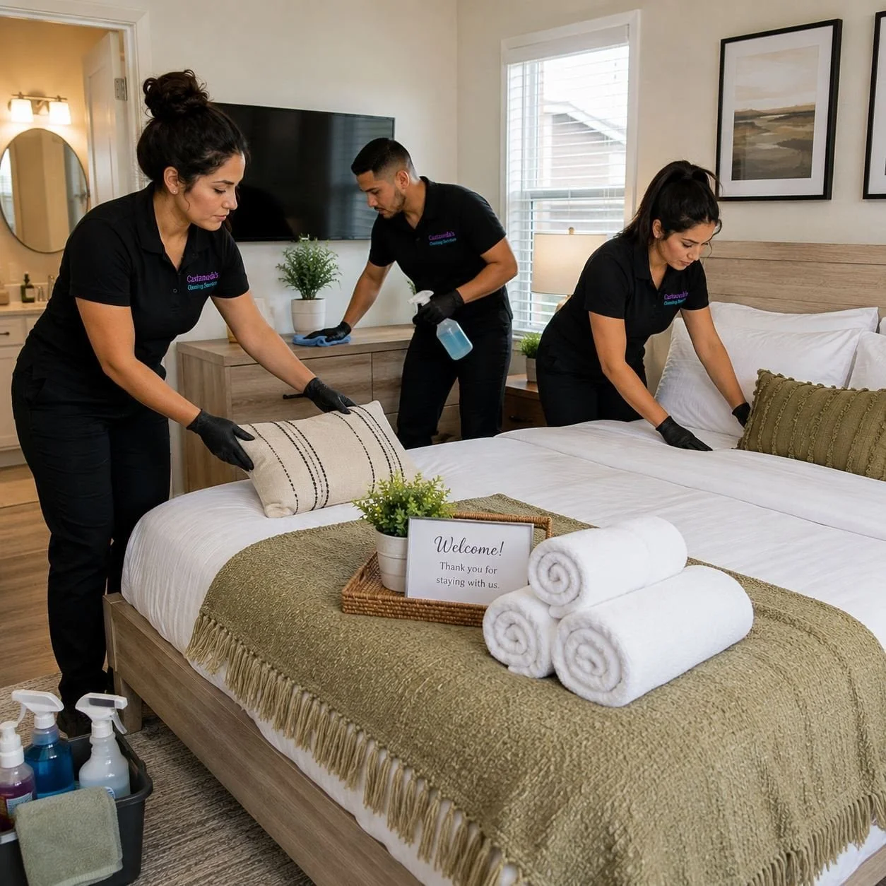 Vacation rental cleaning team preparing a guest-ready bedroom for short-term rental properties in Puyallup, WA.