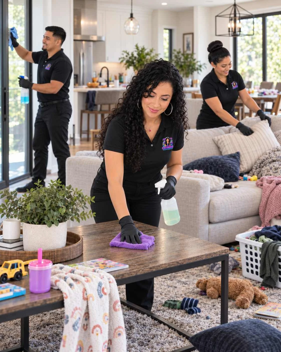 Castañeda’s cleaning crew wiping a coffee table, cleaning a window, and arranging cushions in a cluttered living room.