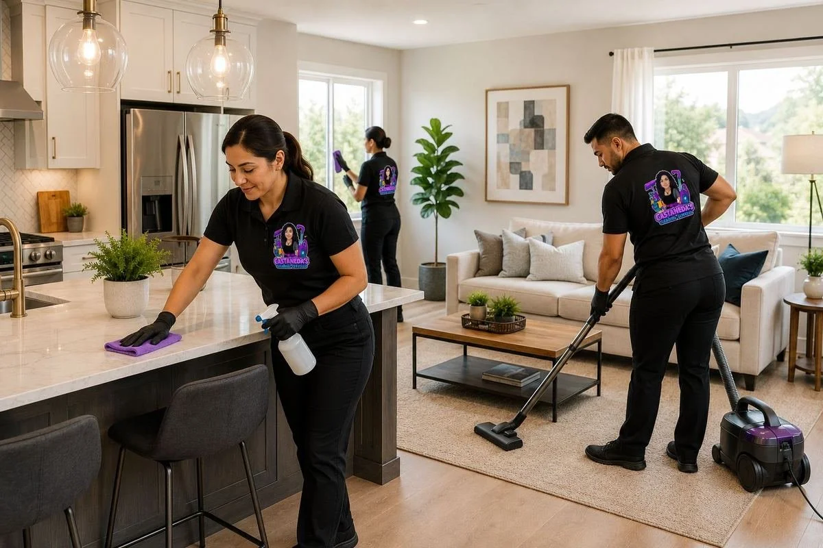 Castañeda’s cleaning team wiping kitchen counters, cleaning a window, and vacuuming a Pierce County home.