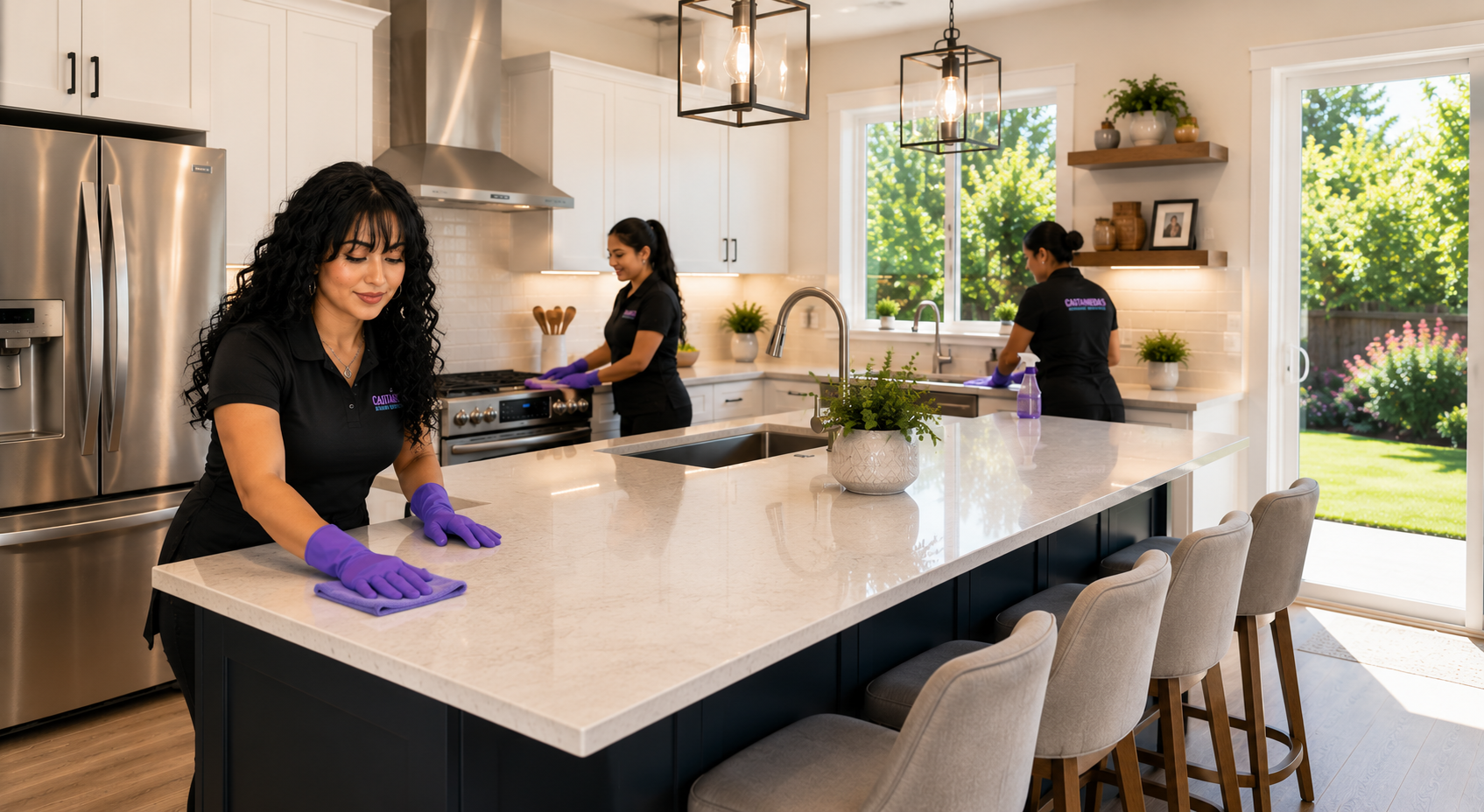 Professional cleaning team working in a bright modern kitchen while serving homes throughout Pierce and Thurston Counties.