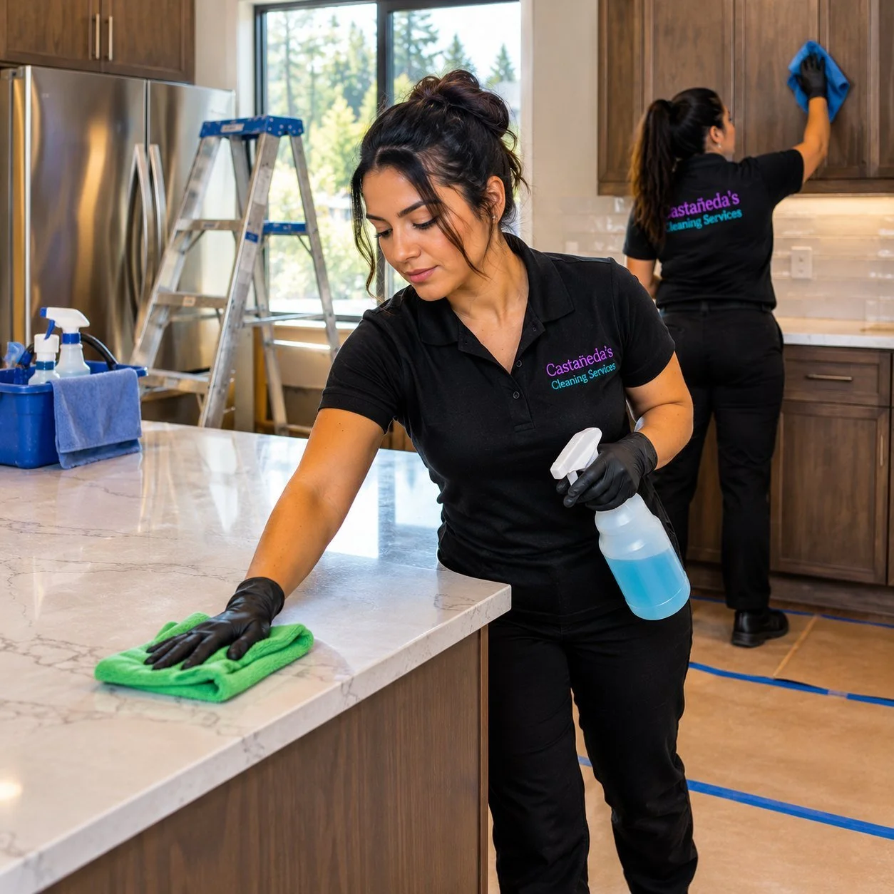 Post-construction cleaning team removing dust and residue from a newly renovated kitchen in Graham, WA.