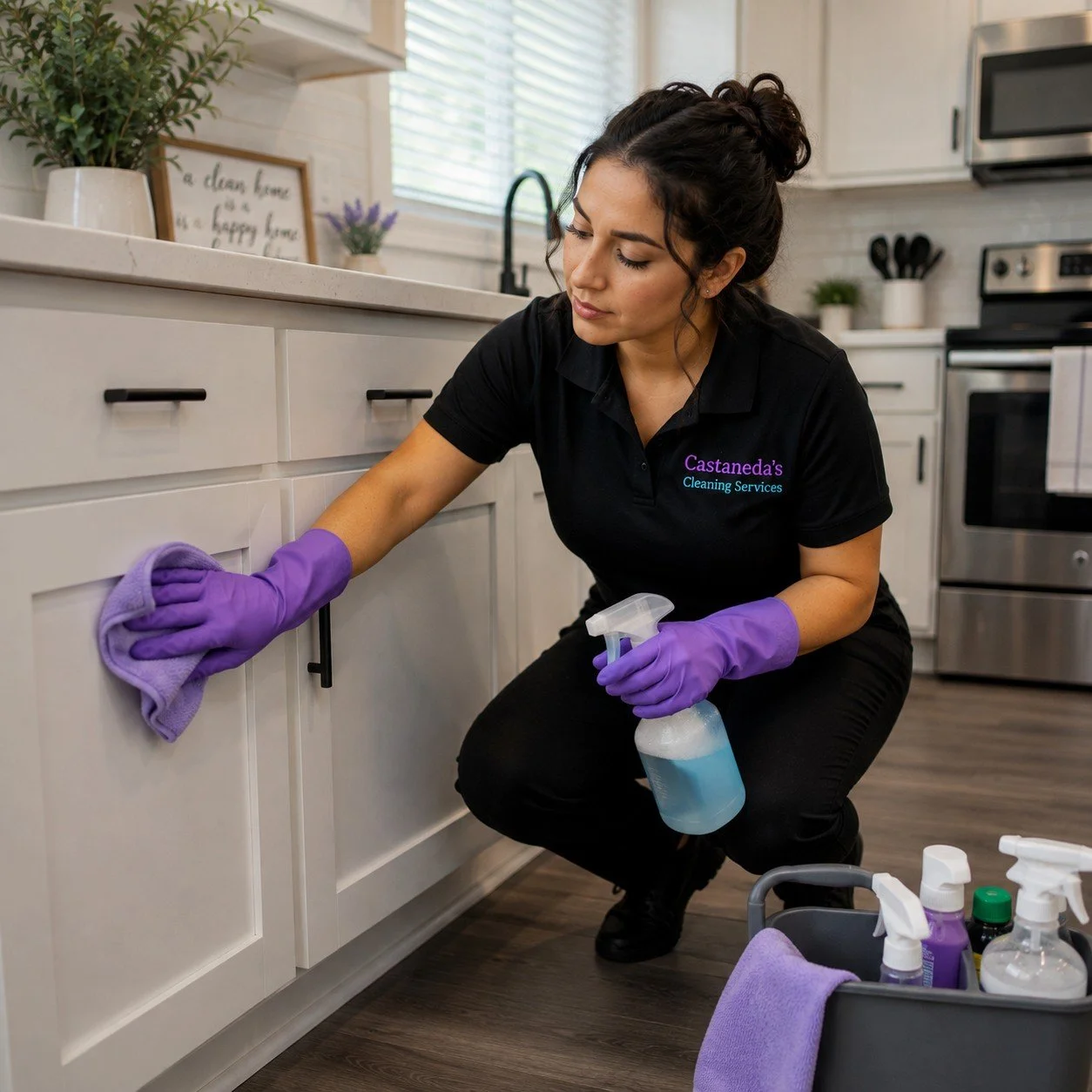 Castañeda’s Cleaning Services team member deep cleaning kitchen cabinets in a home serving customers throughout Pierce and Thurston Counties.