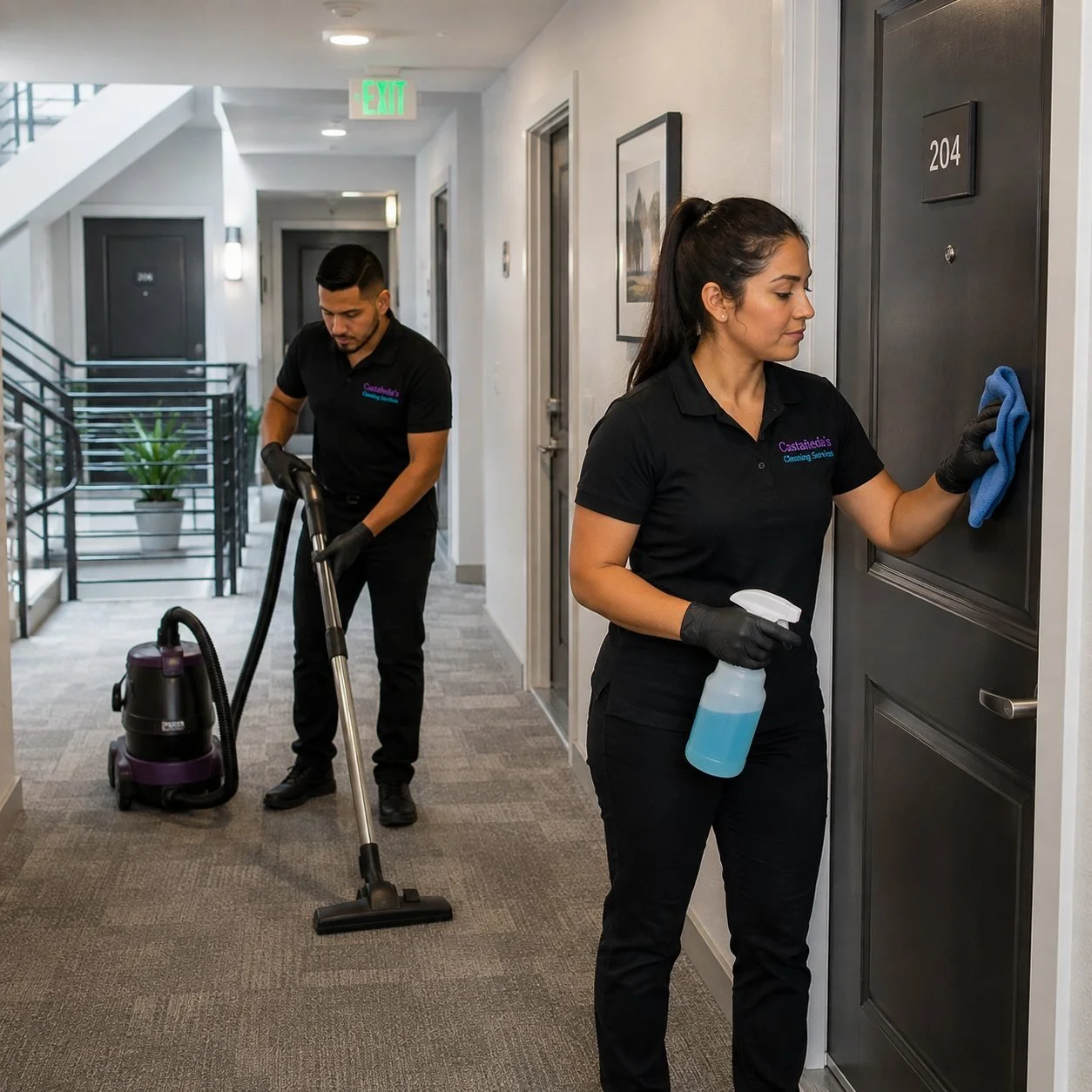 Professional cleaners maintaining an apartment complex hallway and shared areas for multi-unit properties in Spanaway, WA.