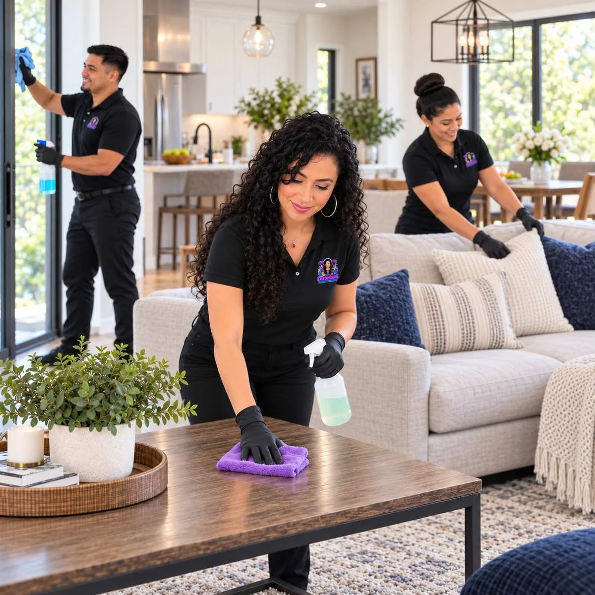 Castañeda’s residential cleaning team wiping a table and arranging cushions in a tidy living room.