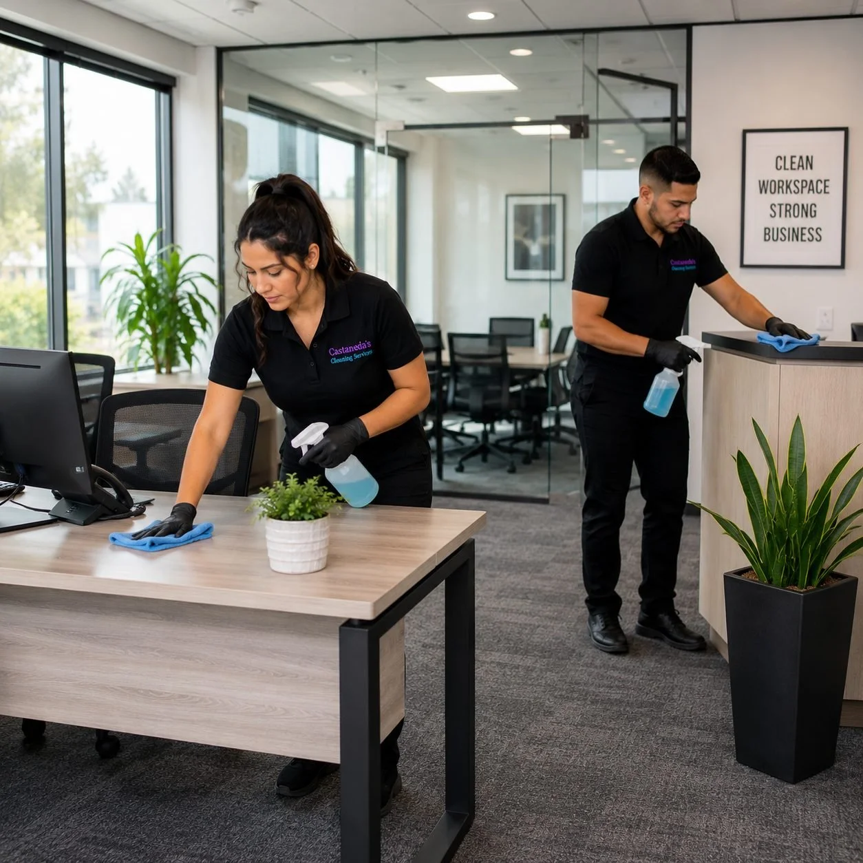 Commercial cleaning team professionally cleaning office workspaces and reception areas for businesses in Tacoma, WA.