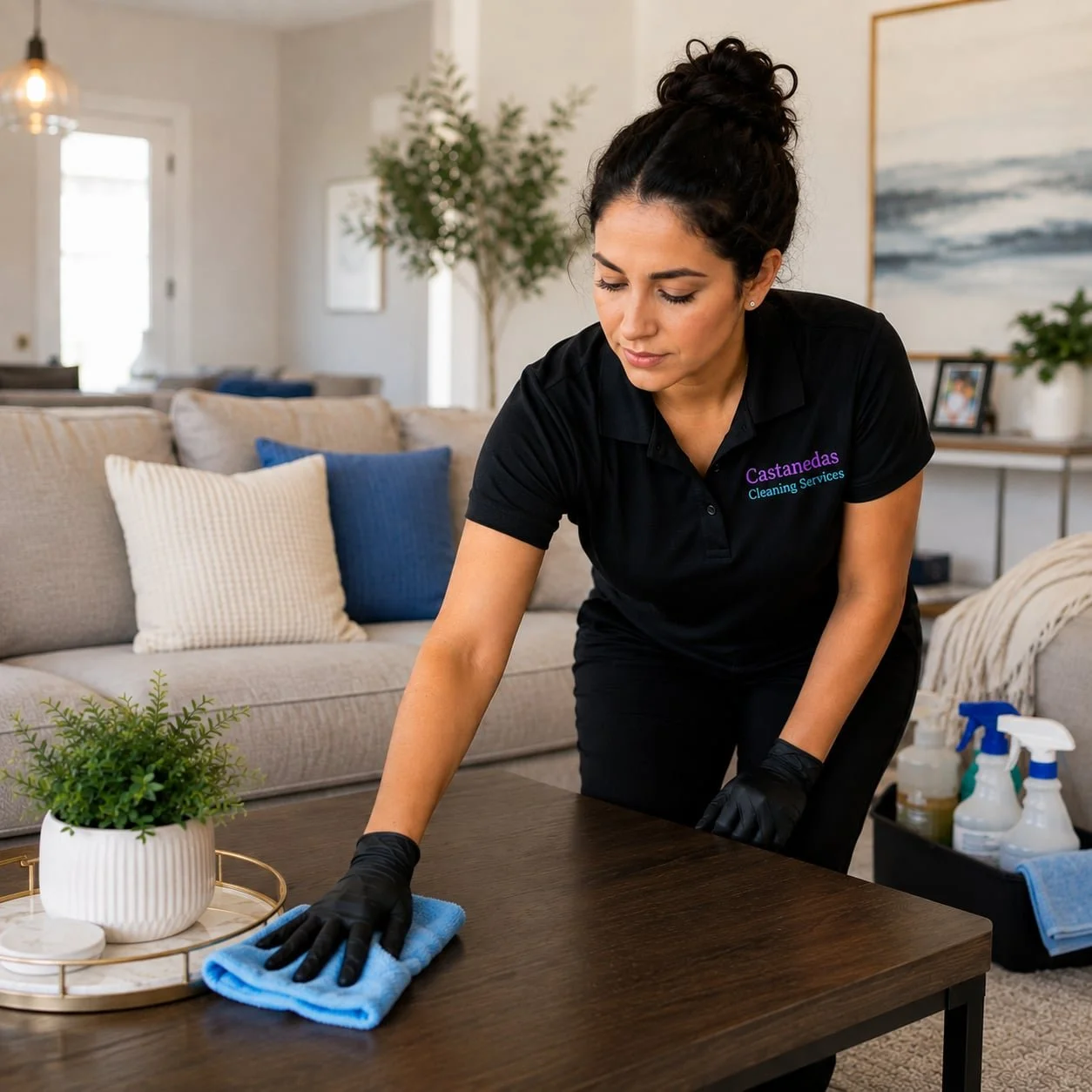 Castañeda’s Cleaning Services professional cleaning a living room for homeowners throughout Pierce and Thurston Counties, Washington.