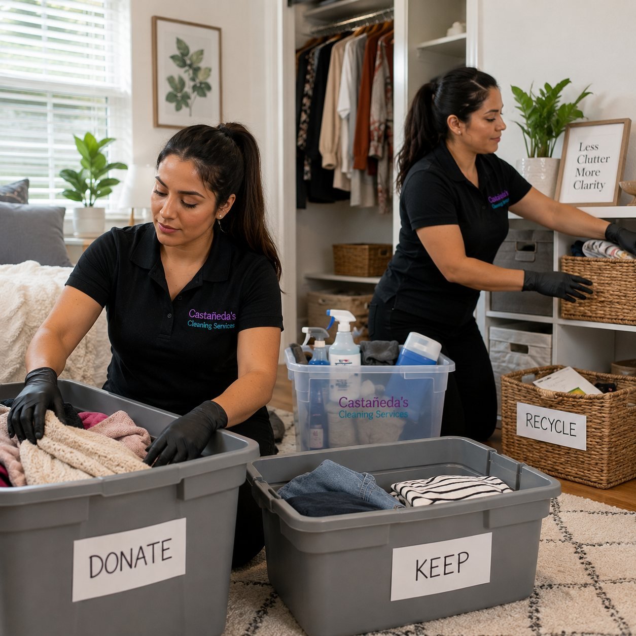 Home organizing and decluttering team sorting belongings and creating a cleaner, more manageable living space in Olympia, WA.