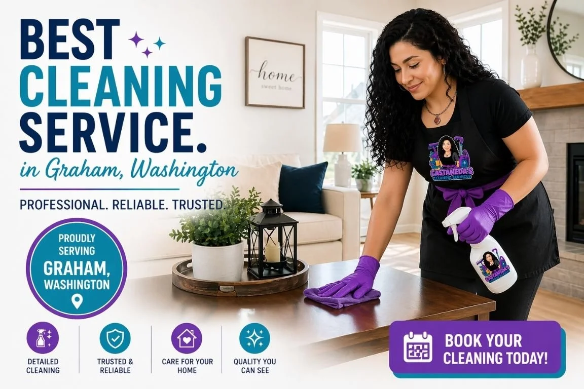 Best cleaning services in Graham Washington showing cleaner wiping table in modern living room