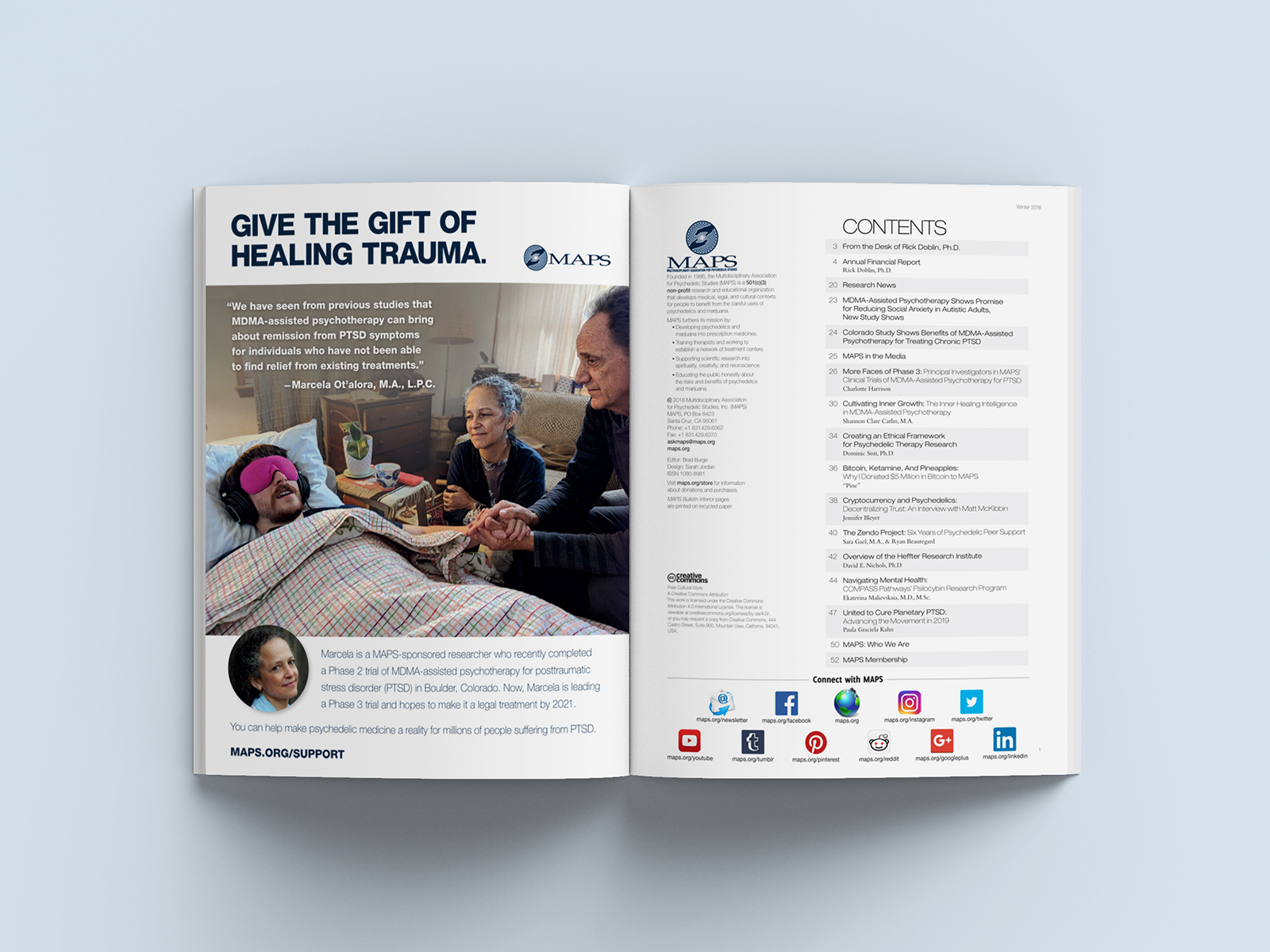 MAPS Bulletin magazine design inside cover and table of contents
