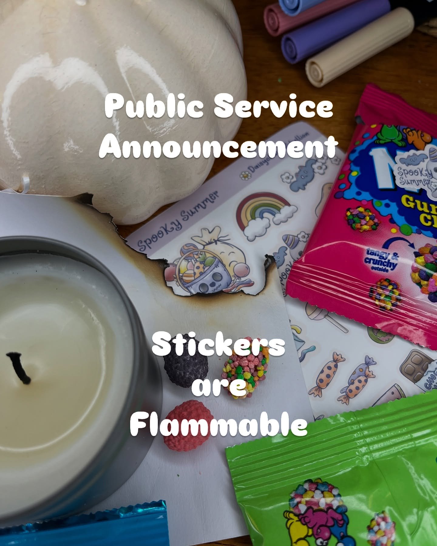 🙏 🔥 May this partially burned sticker sheet be appeased by these sugary treats, and may no more sticker mishaps occur. 
This kit is 🔥🔥🔥

I learned that I need to be more careful when I have a candle going while planning! 😳

#stickermishap #spoo