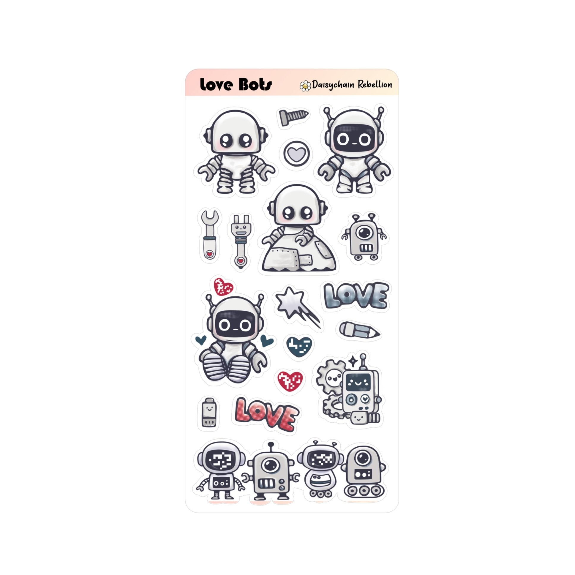 Sticker sheet featuring robots with a love theme on a white background