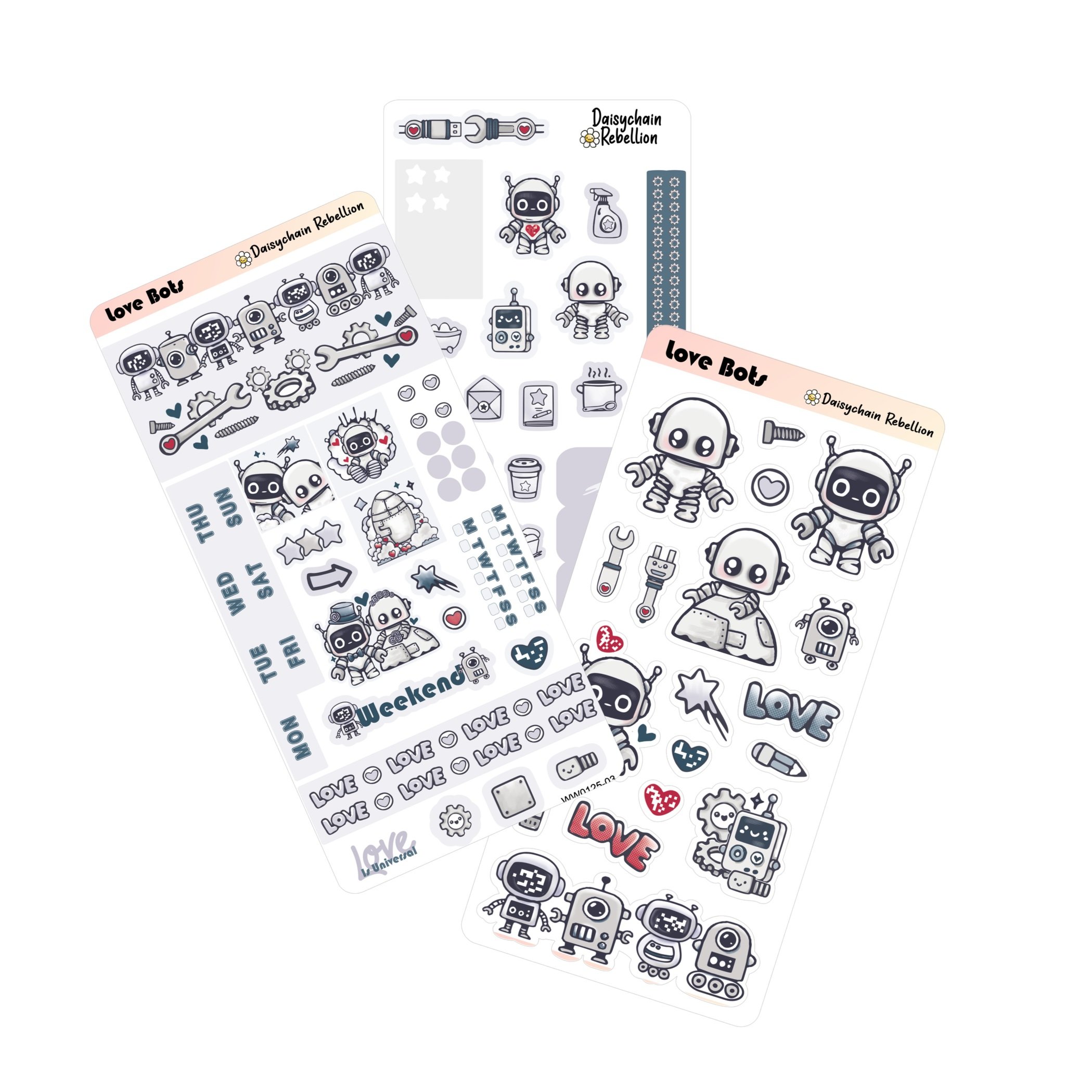 3 sticker sheets overlapping featuring robots with a love them on a white background