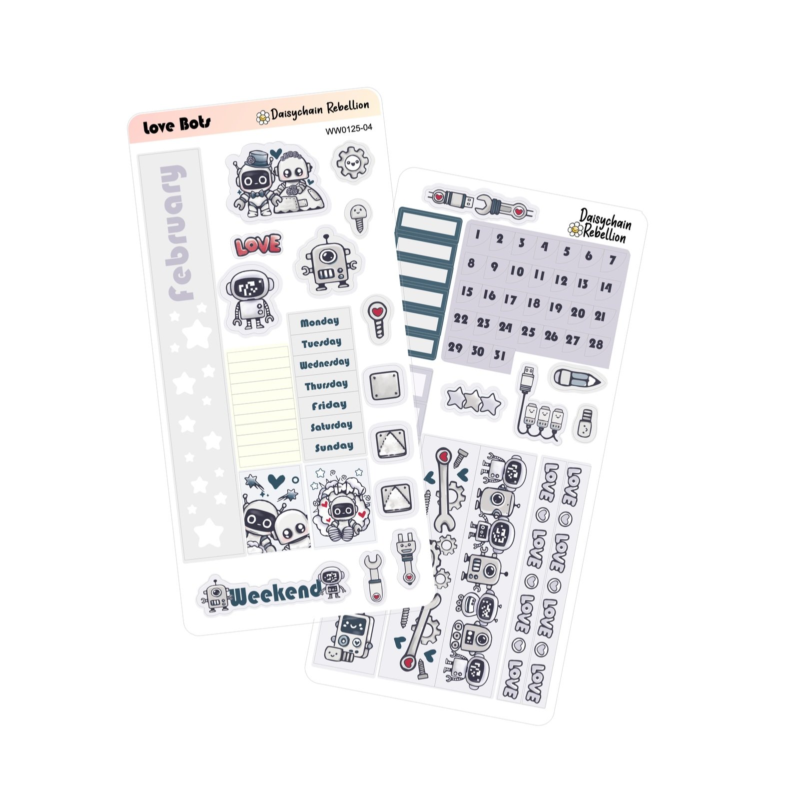 two overlapping stickers sheets featuring robots with a love theme on a white background