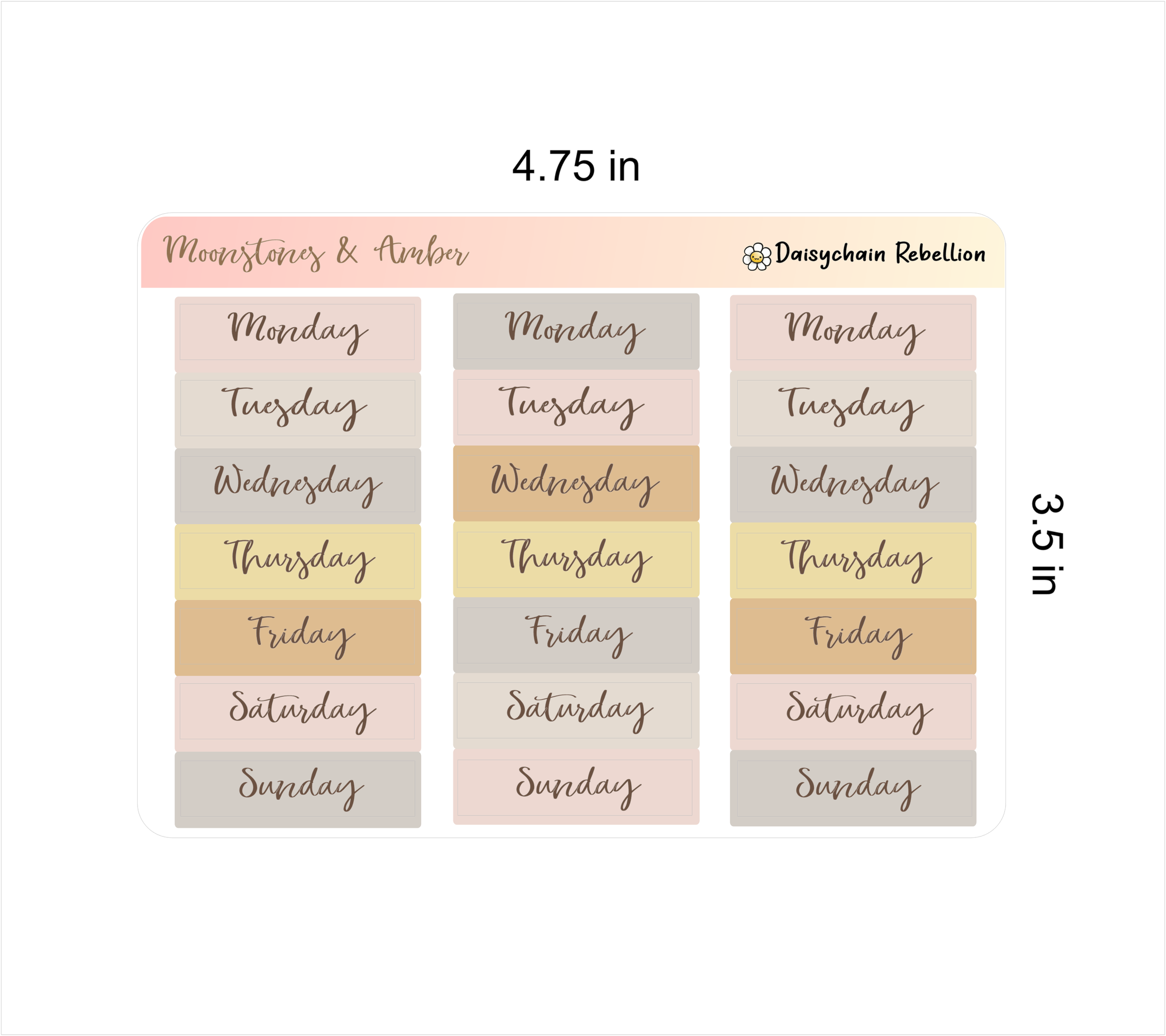 Sticker sheet with several colors and days of the week text on a white background