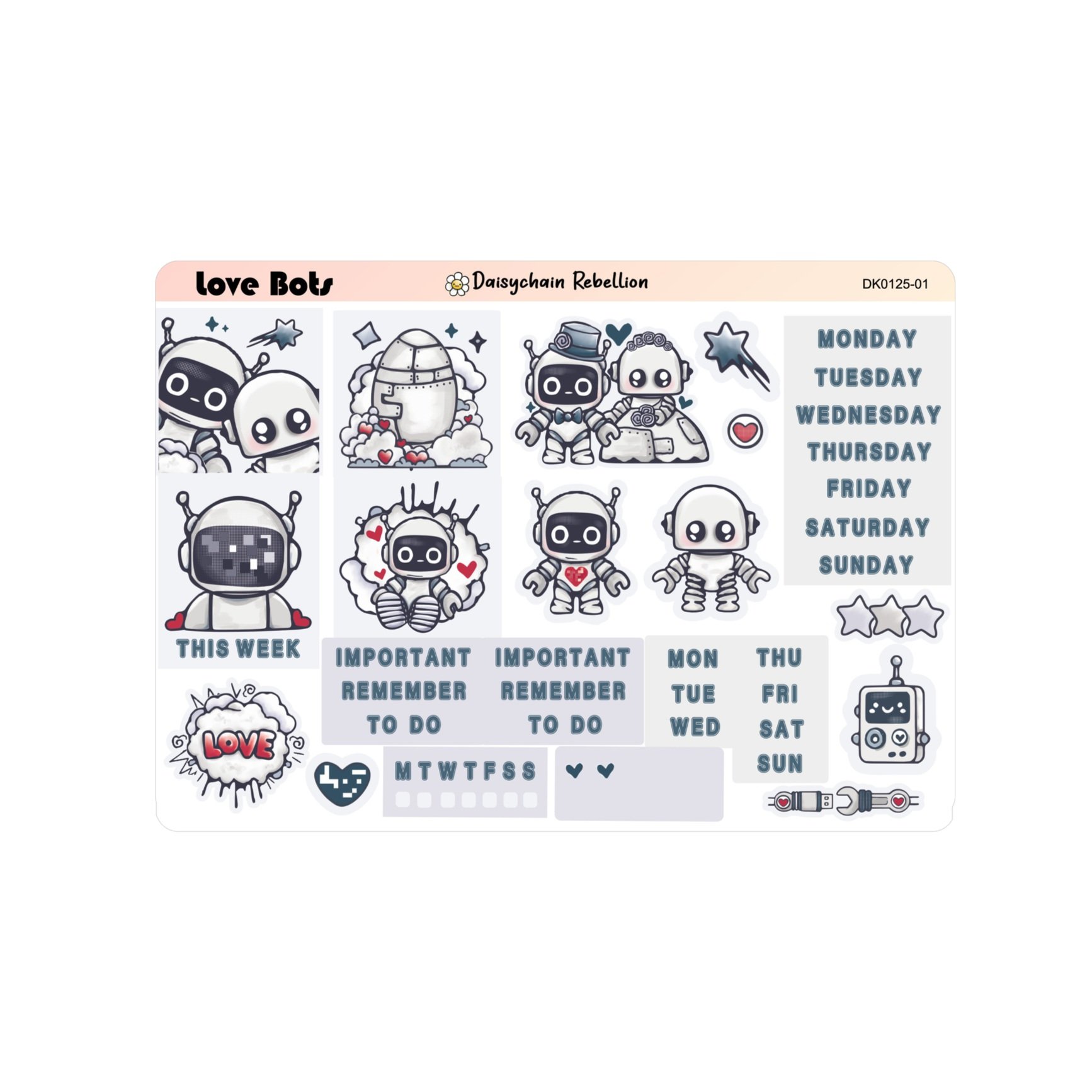 Sticker sheet featuring robots with a love theme on a white background