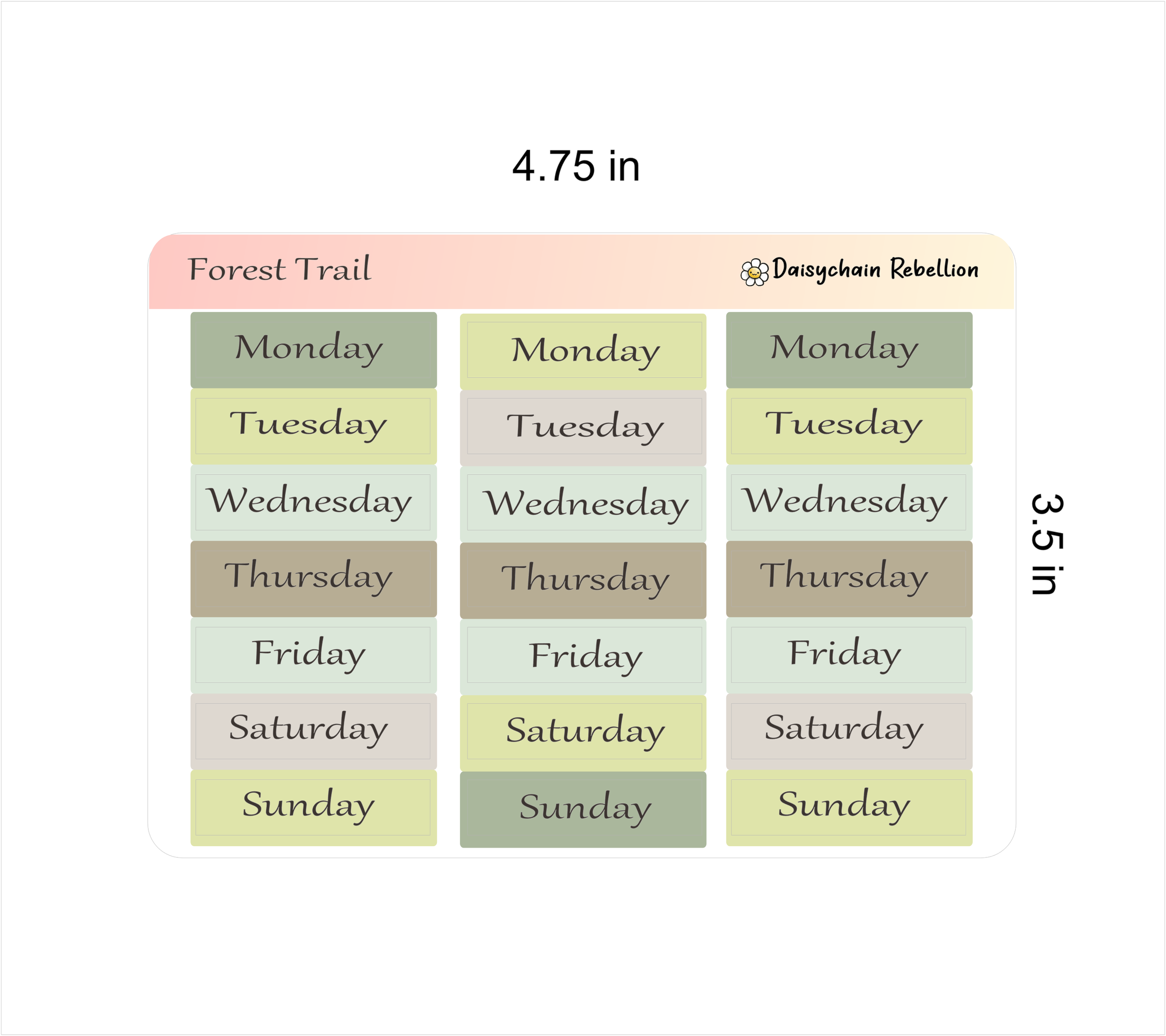 Sticker sheet with several colors and days of the week text on a white background