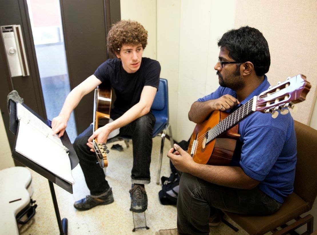 Working with guitar student Kashan Khan from Karachi, Pakistan, through UT Austin's South Asia Institute, 2015 