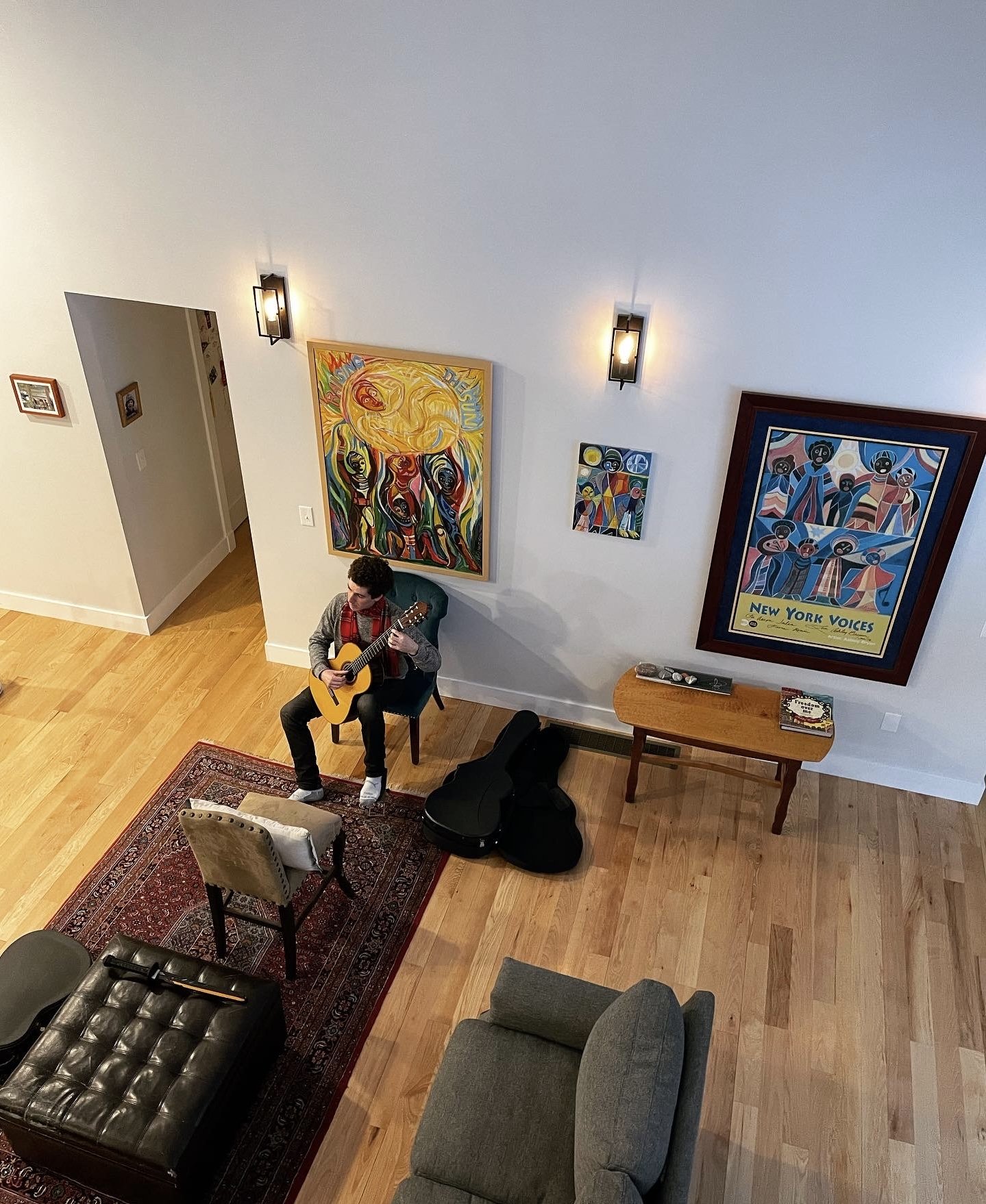 Trying guitars in Groton, MA, 2024