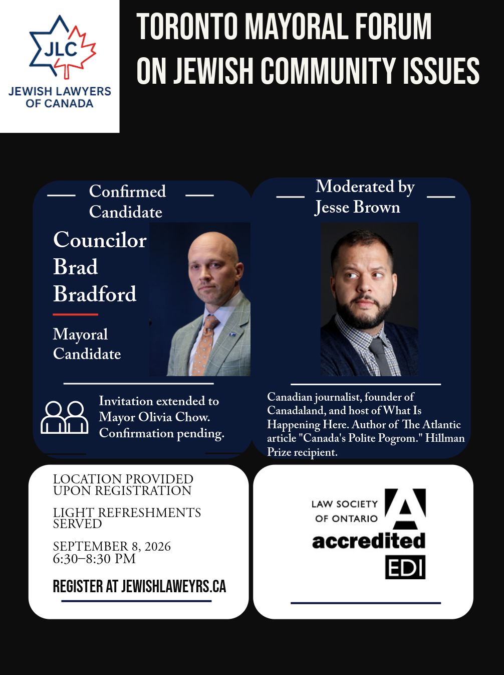 Poster for the Toronto Mayoral Forum on Jewish Community Issues organized by Jewish Lawyers of Canada. Features photos of Councilor Brad Bradford and Jesse Brown, the moderator. Details about the event, including date, time, location, and registration info, are provided.