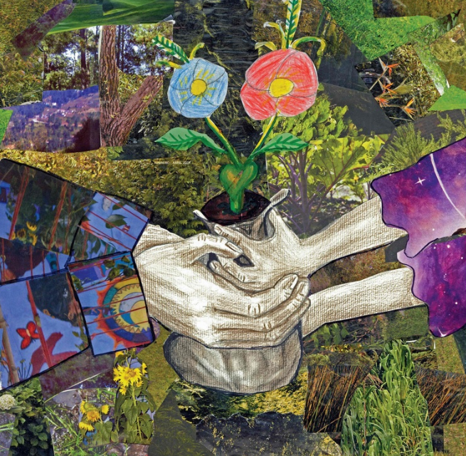 Mixed media collage including a drawing of two hands holding a small pot with colored paper flowers, surrounded by various nature scenes and patterns.