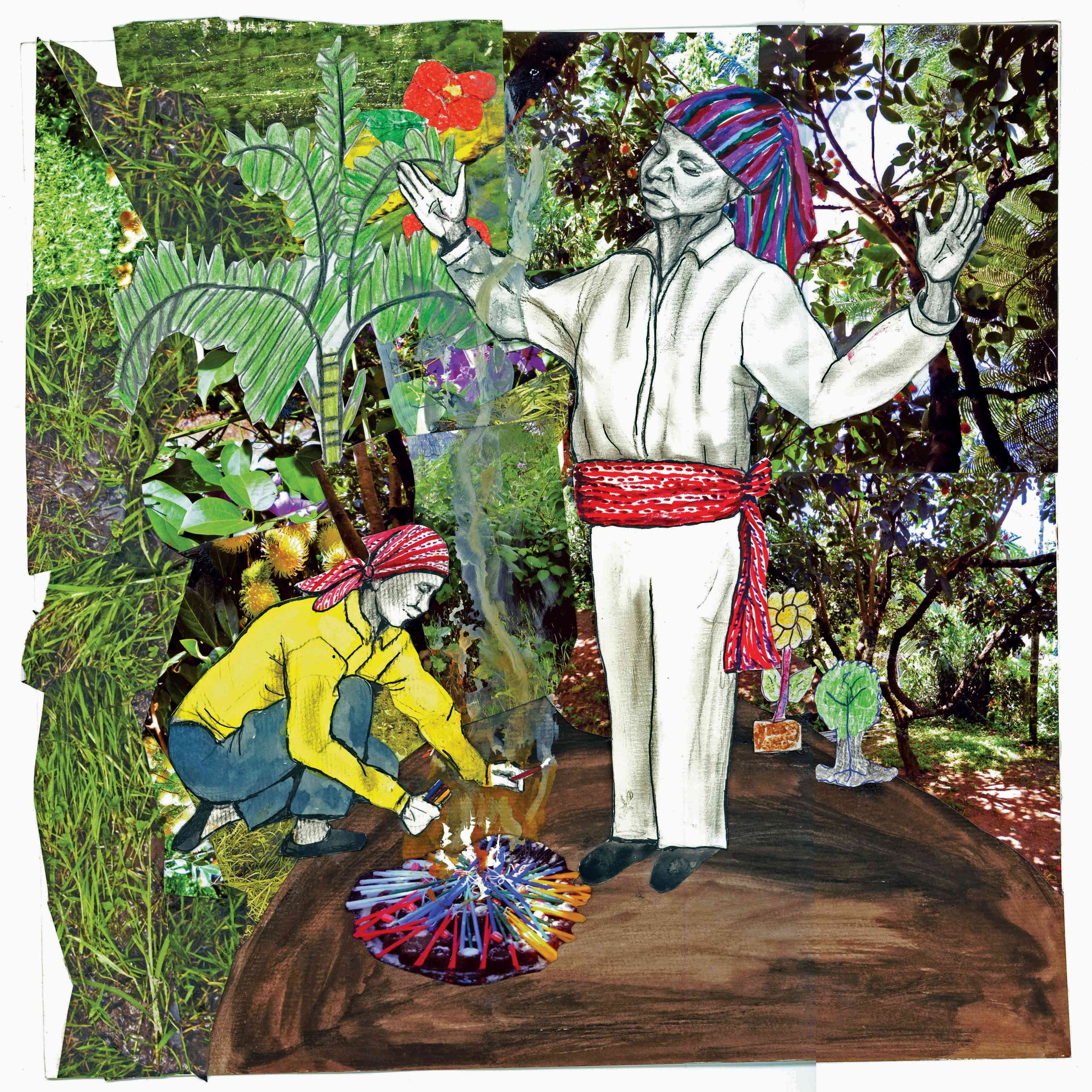Mixed media collage depicting a scene of cultural celebration with drawn figures in traditional clothing performing a ritual around a fire, set against a background of collage images of lush greenery and trees.