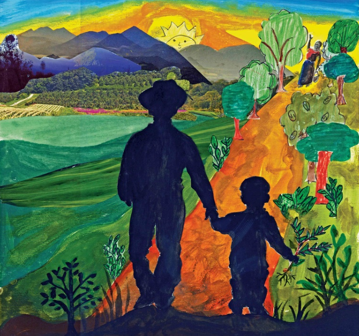 Colorful painting of a woman and child walking hand in hand along a dirt path through a lush landscape with trees, mountains, and a bright sun in the sky.