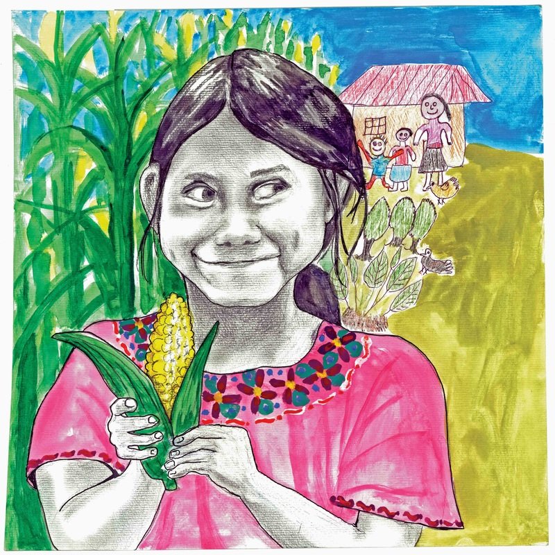 A drawing of a woman with a smiling face holding a corn cob and leaf, standing in a green field with a house, children, and chickens in the background.