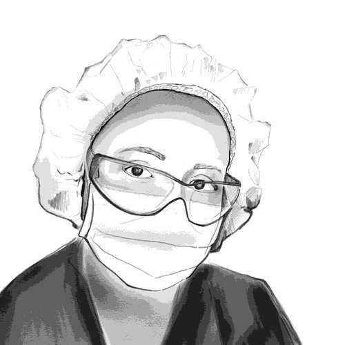 Black and white illustration of a healthcare worker wearing a cap, glasses, and a face mask.