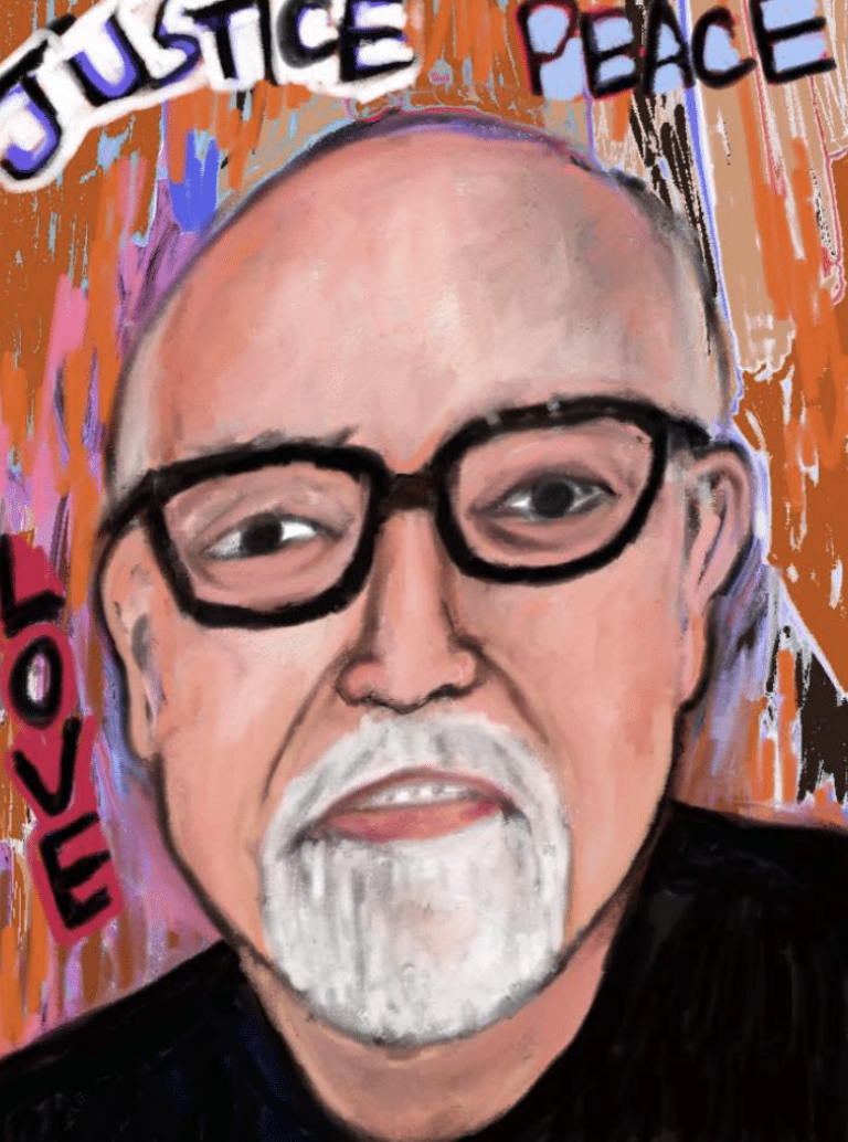 Painted portrait of a man with glasses and a white beard, set against a colorful background with words 'Justice,' 'Peace,' and 'Love'.