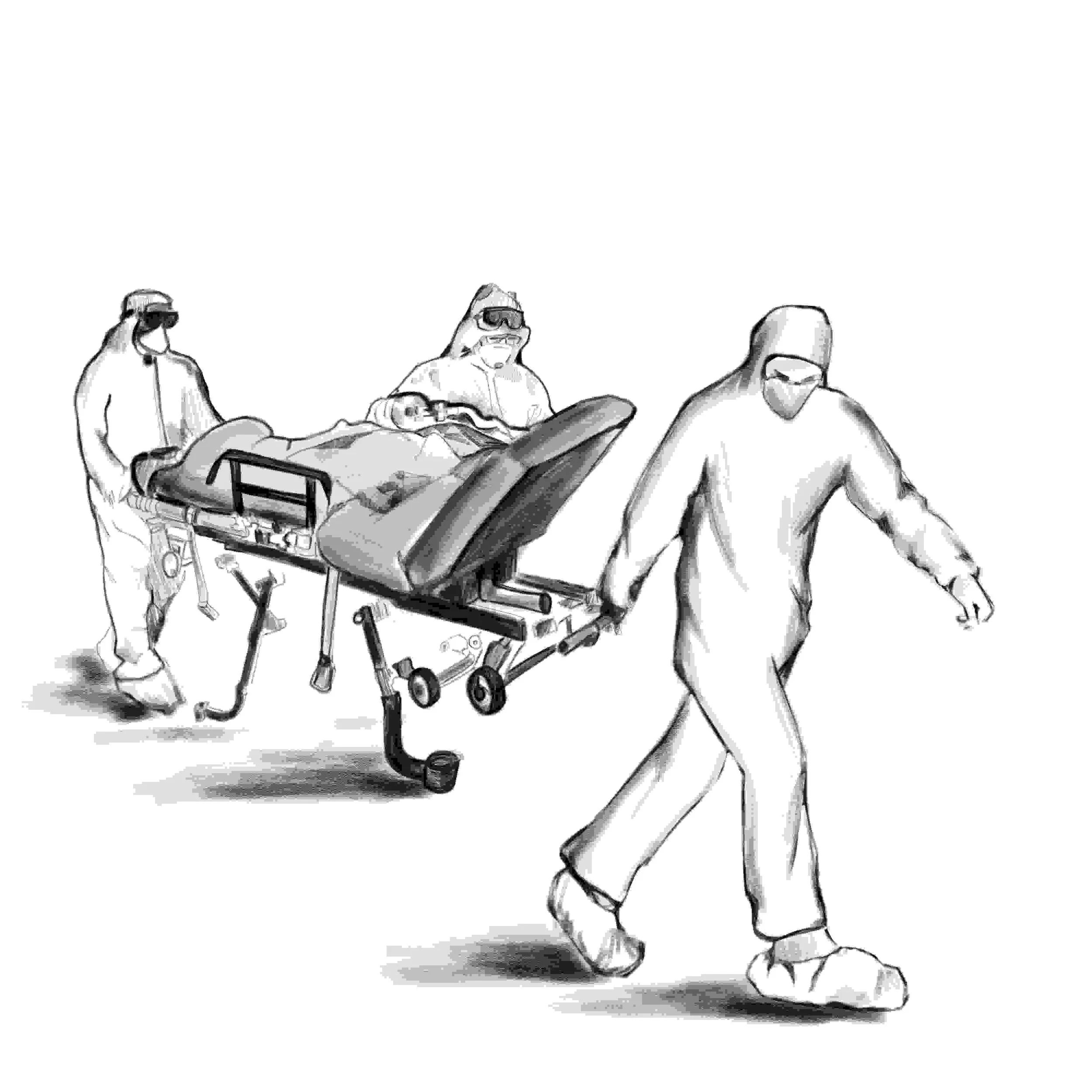 Medical team in protective gear transporting a patient on a stretcher.