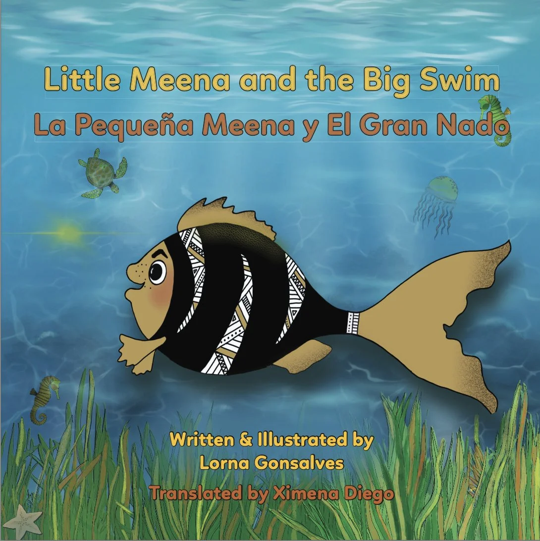 Children's book cover titled "Little Meena and the Big Swim" with a cartoon fish wearing black and white tribal patterns, underwater scene with a turtle, jellyfish, seahorse, starfish, and seaweed.