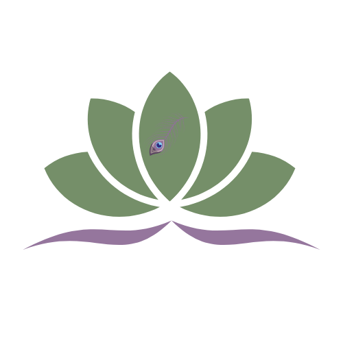 A stylized lotus flower with green petals and purple waves at the base, featuring a small peacock feather in the center.
