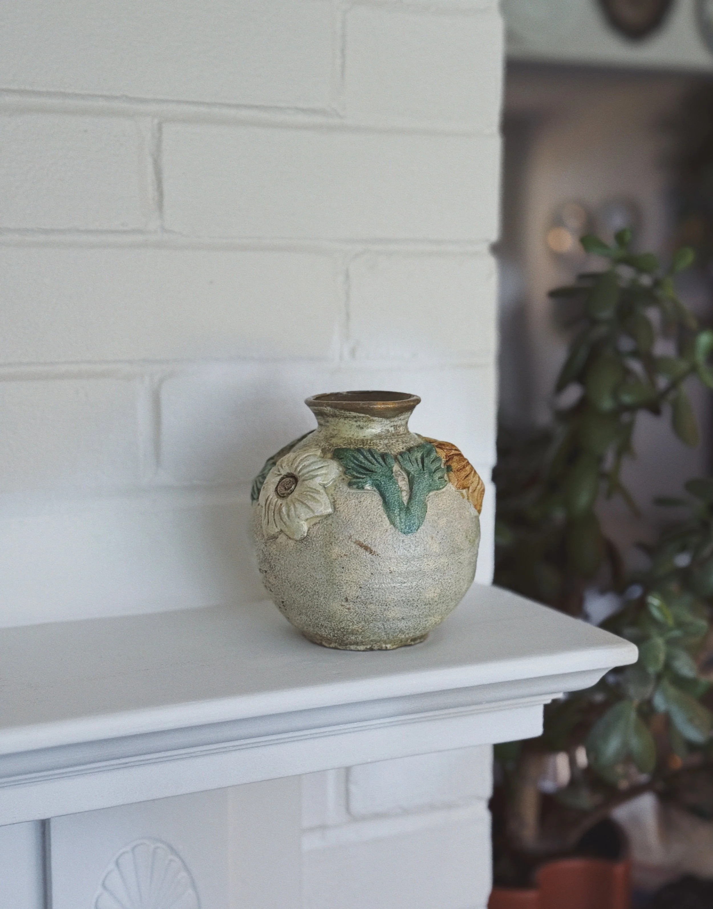 Vintage Floral Relief Pottery Vase