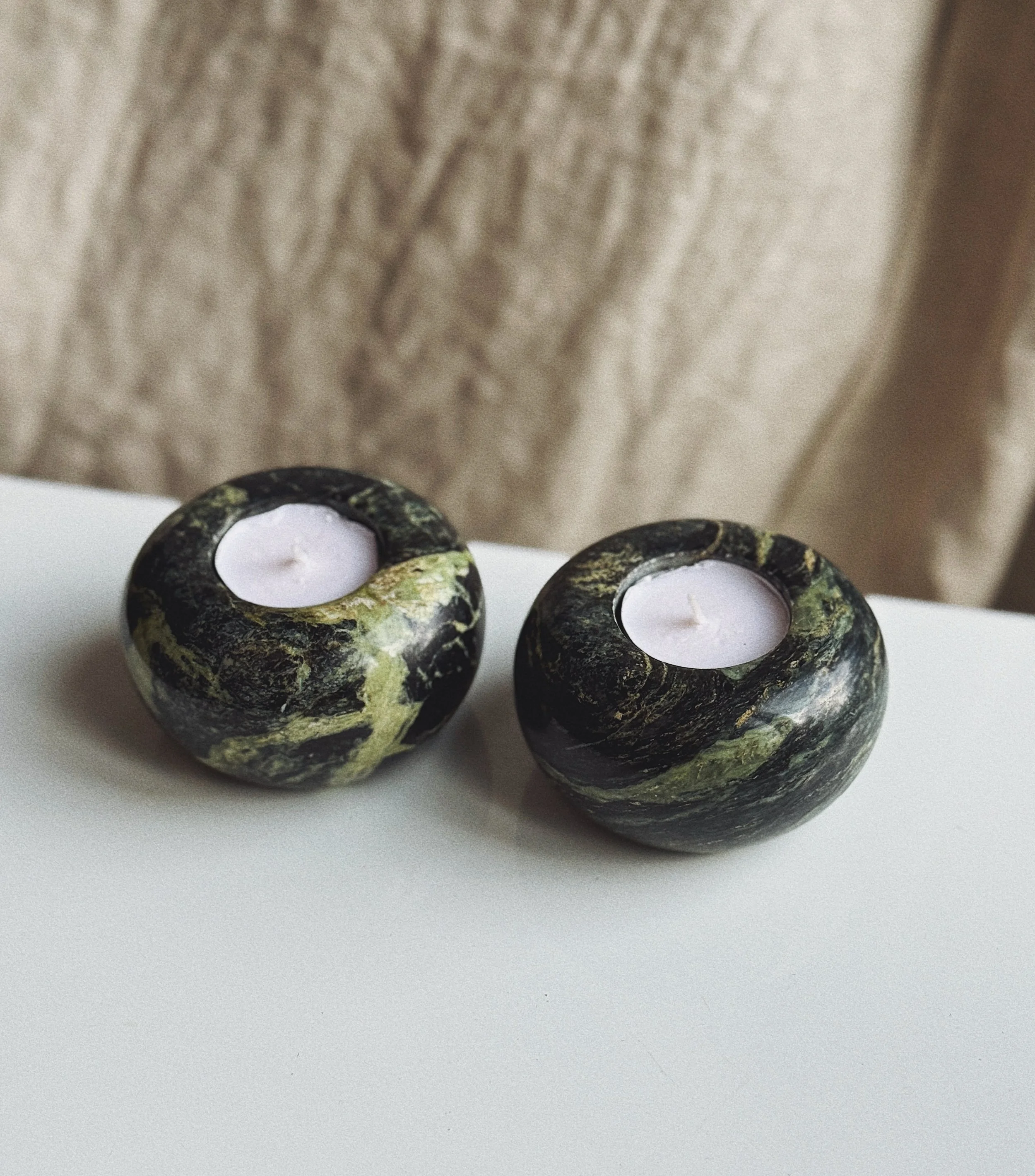 Pair of 80s Green Marble Tea Light Holders