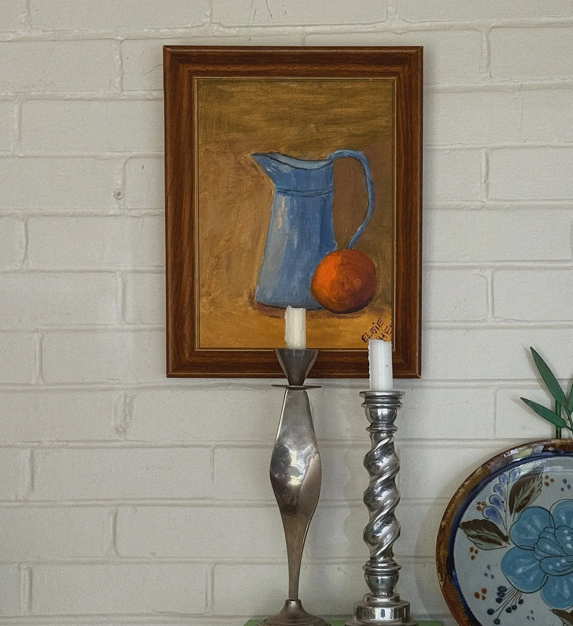 Vintage Original Oil Painting, Blue Pitcher & Orange Still Life — Signed Elsie
