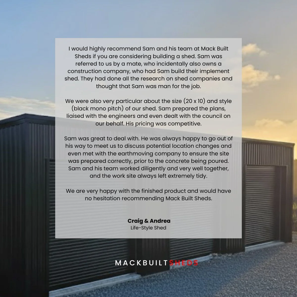 Another happy client! ✅

We loved helping bring this 20x10 black mono-pitch shed to life &ndash; from plans to finished product, all handled with care and professionalism. Thanks for trusting Mack Built Sheds!

#MackBuiltSheds #DreamShed #HappyClient