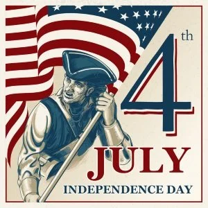 July 4th poster with American colonist & US flag