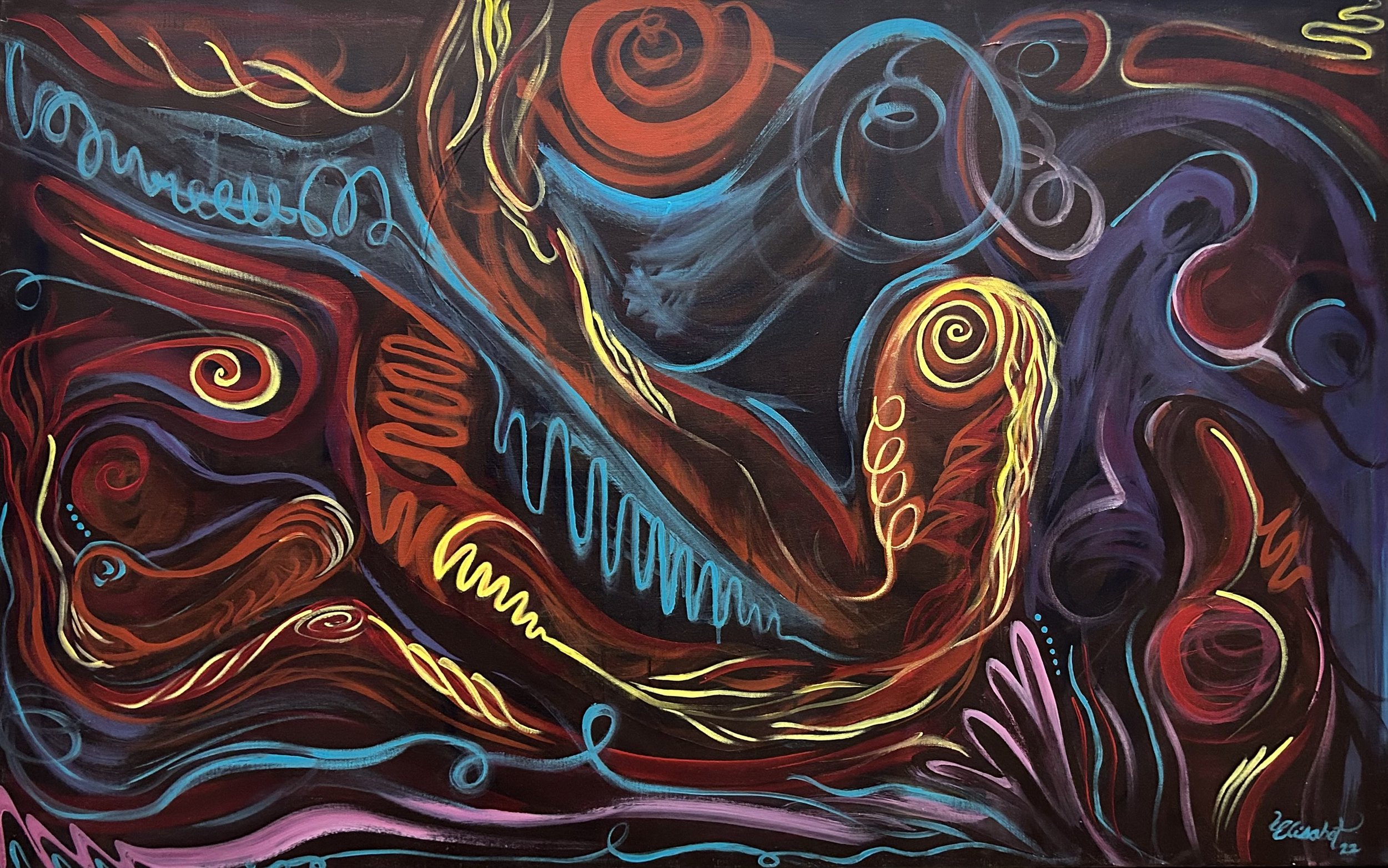 "Abrazos Legales" painting created by Elisabet Díaz Cintrón exhibited on the first event of the Encuentros series "Grief and Love"