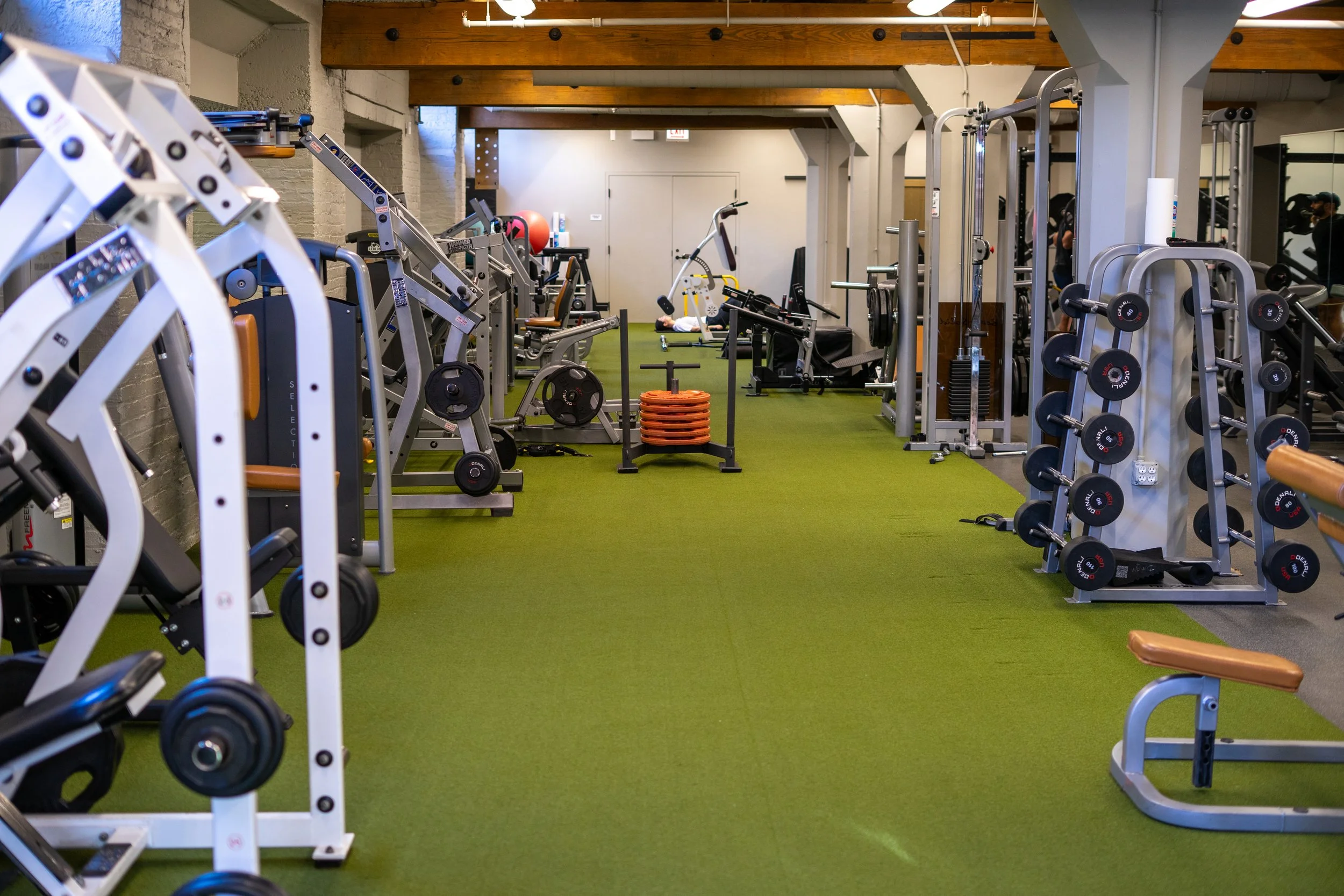 A gym with various exercise equipment including weight machines, dumbbells, a weight plate stack, and a bench, on a green artificial turf floor with wooden beams on the ceiling.