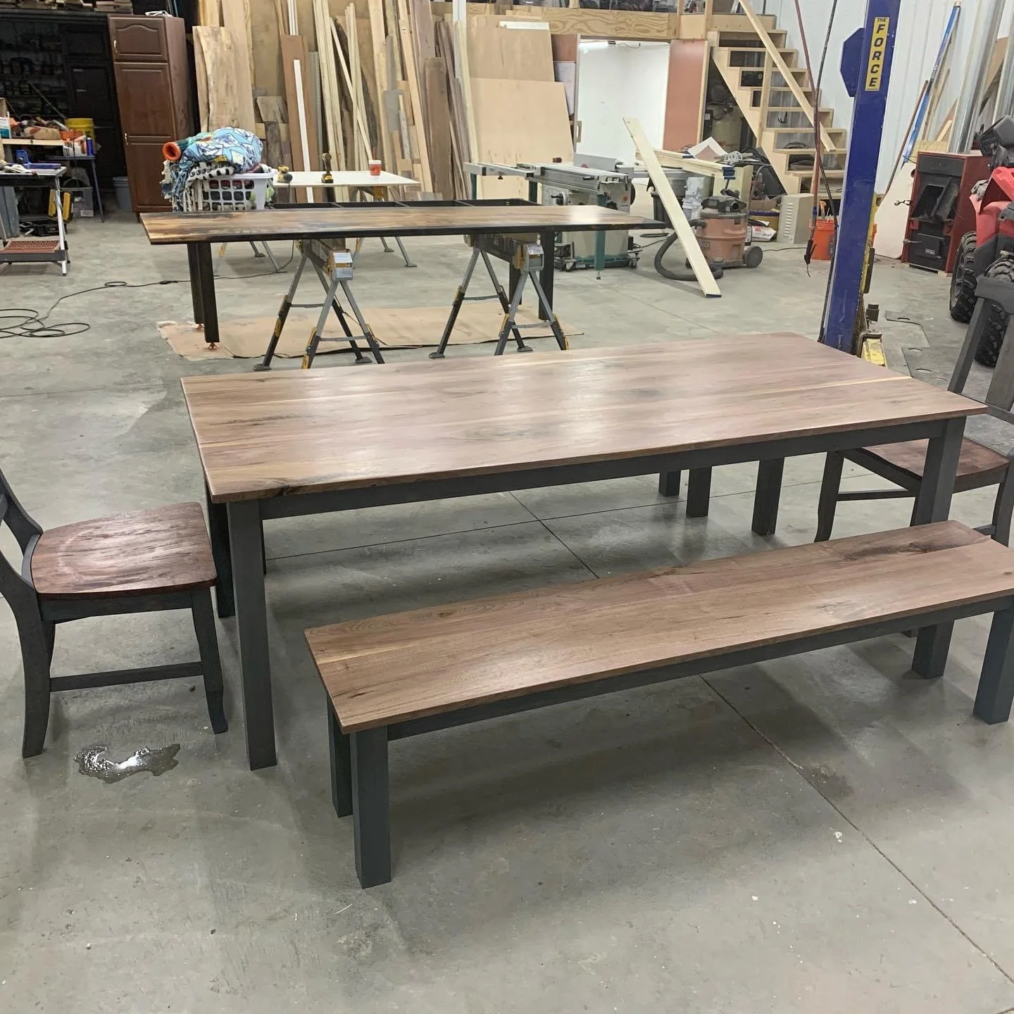Black Walnut farmhouse table with matching benches and chairs