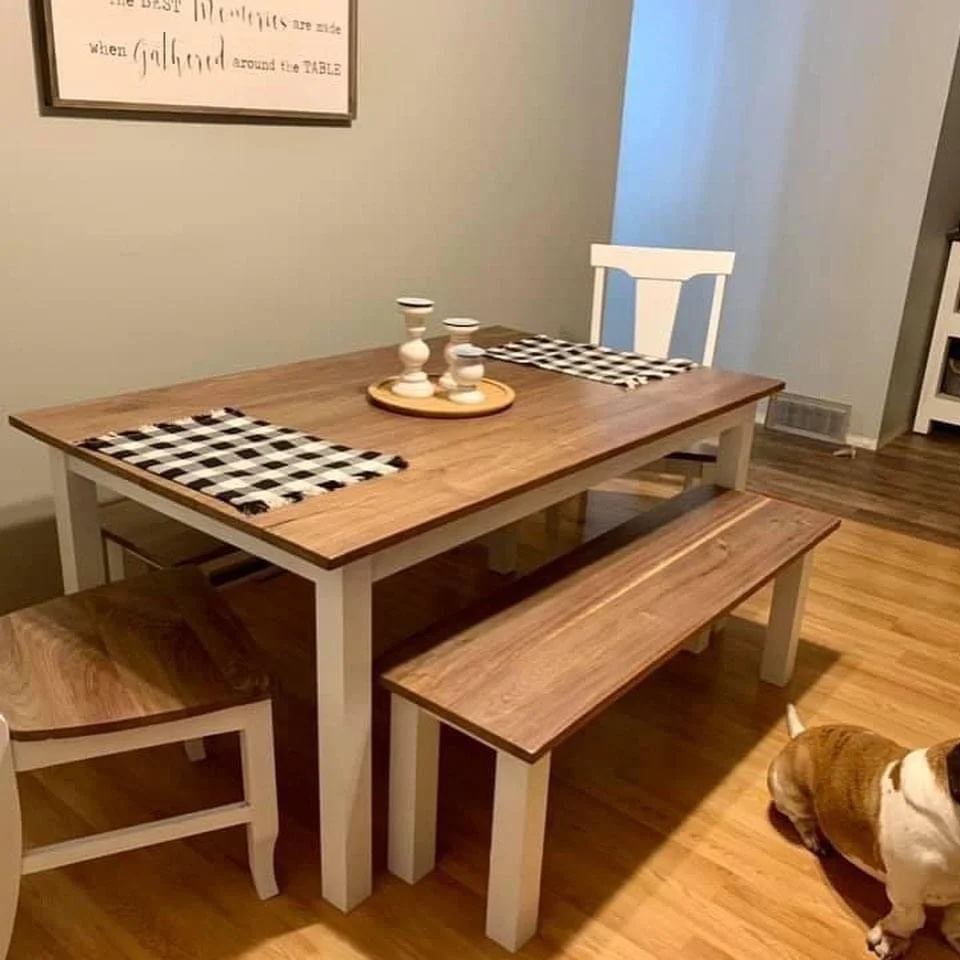 Black Walnut farmhouse table with matching benches and chairs